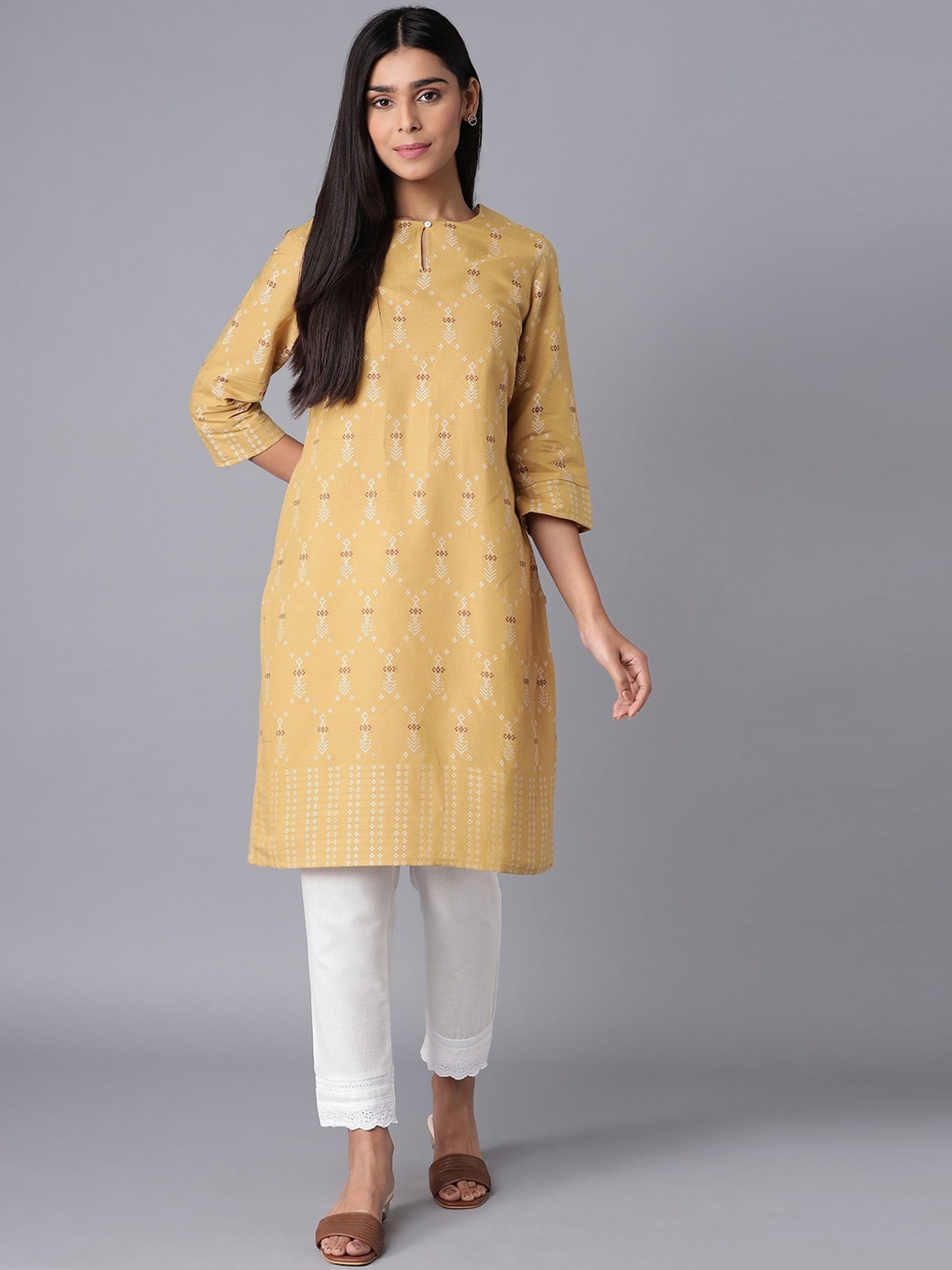 

W Women Brown Ethnic Motifs Embroidered Keyhole Neck Kurta, Beige