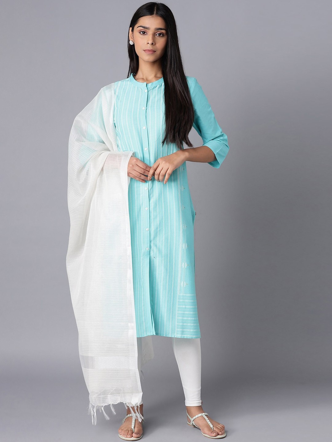 

W Women Green Striped Kurta & Leggings With Dupatta