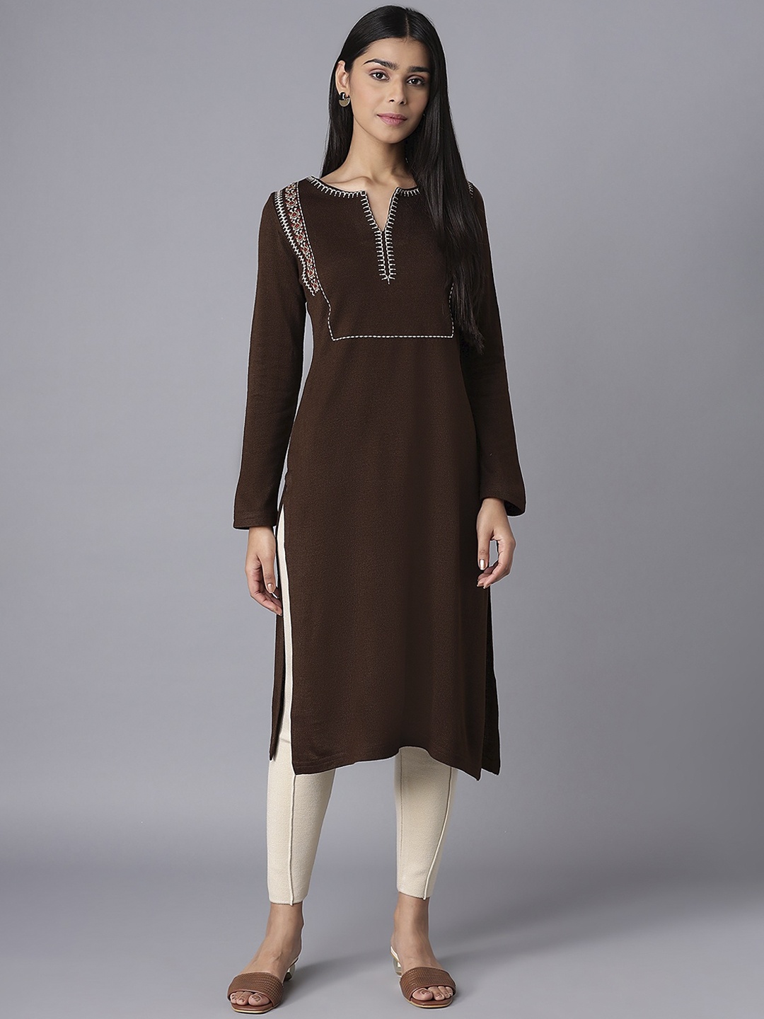

W Women Dark Brown Acrylic Thread Work Yoke Design Straight Kurta