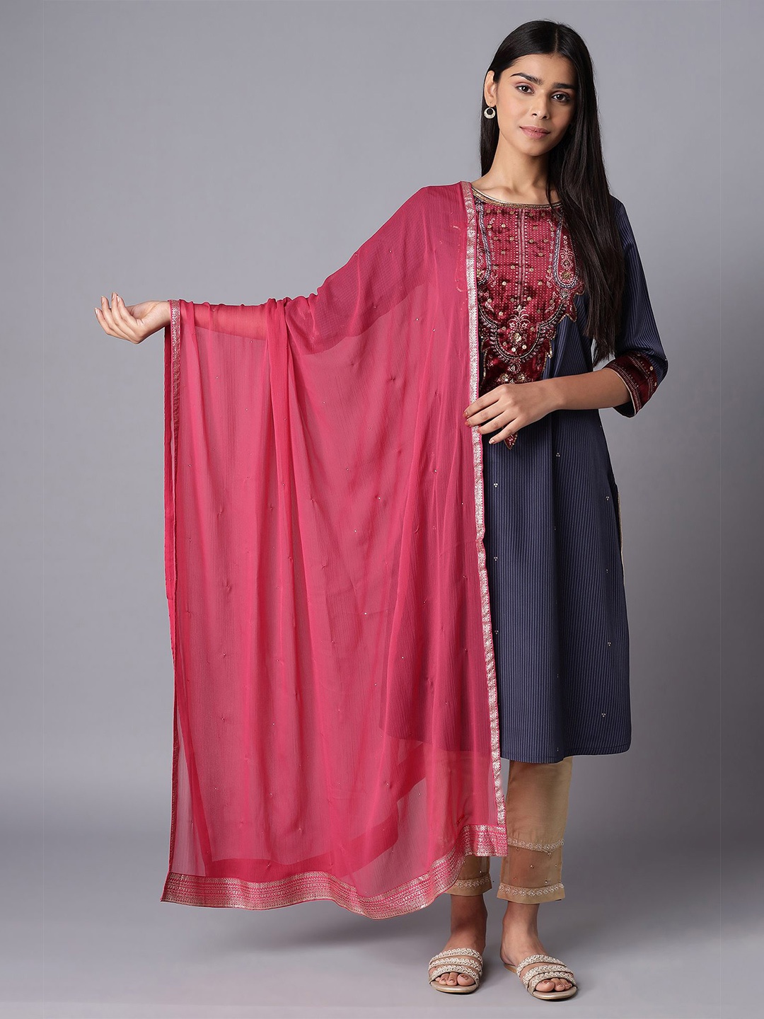 

W Magenta & Silver-Toned Dupatta with Sequinned