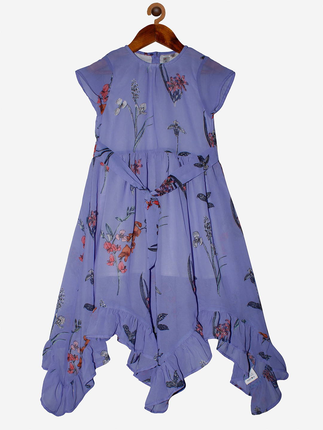 

KiddoPanti Purple Floral Asymmetric Frill Hem Georgette Midi Dress