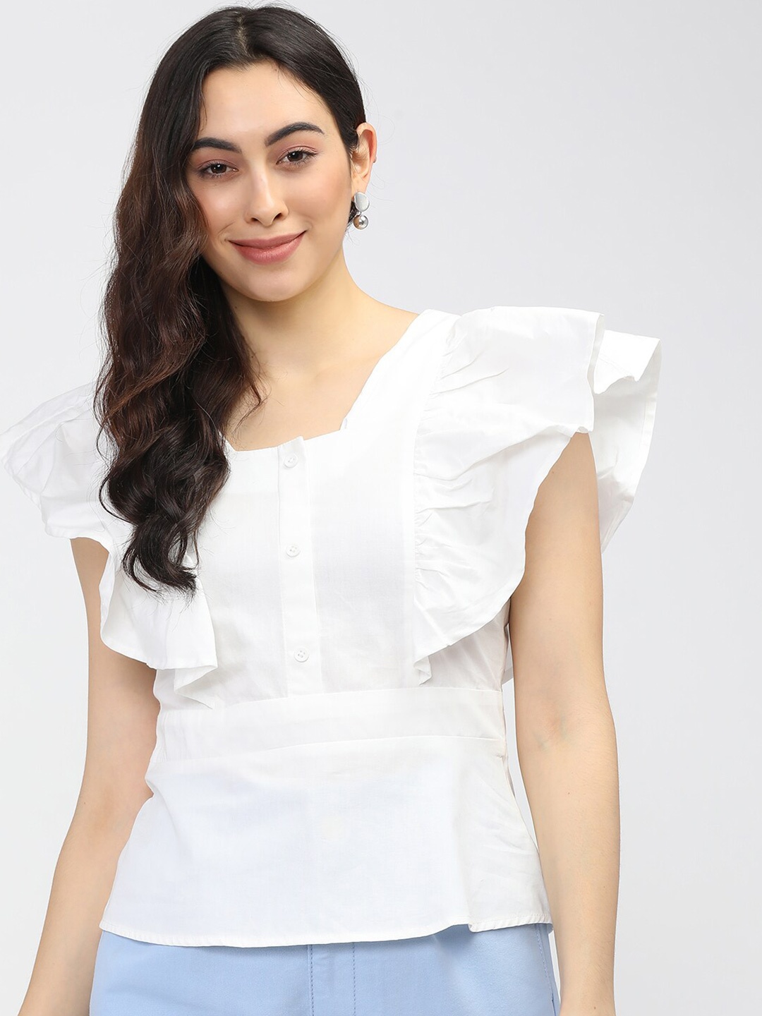 

Tokyo Talkies White Flutter Sleeves Pure Cotton Top