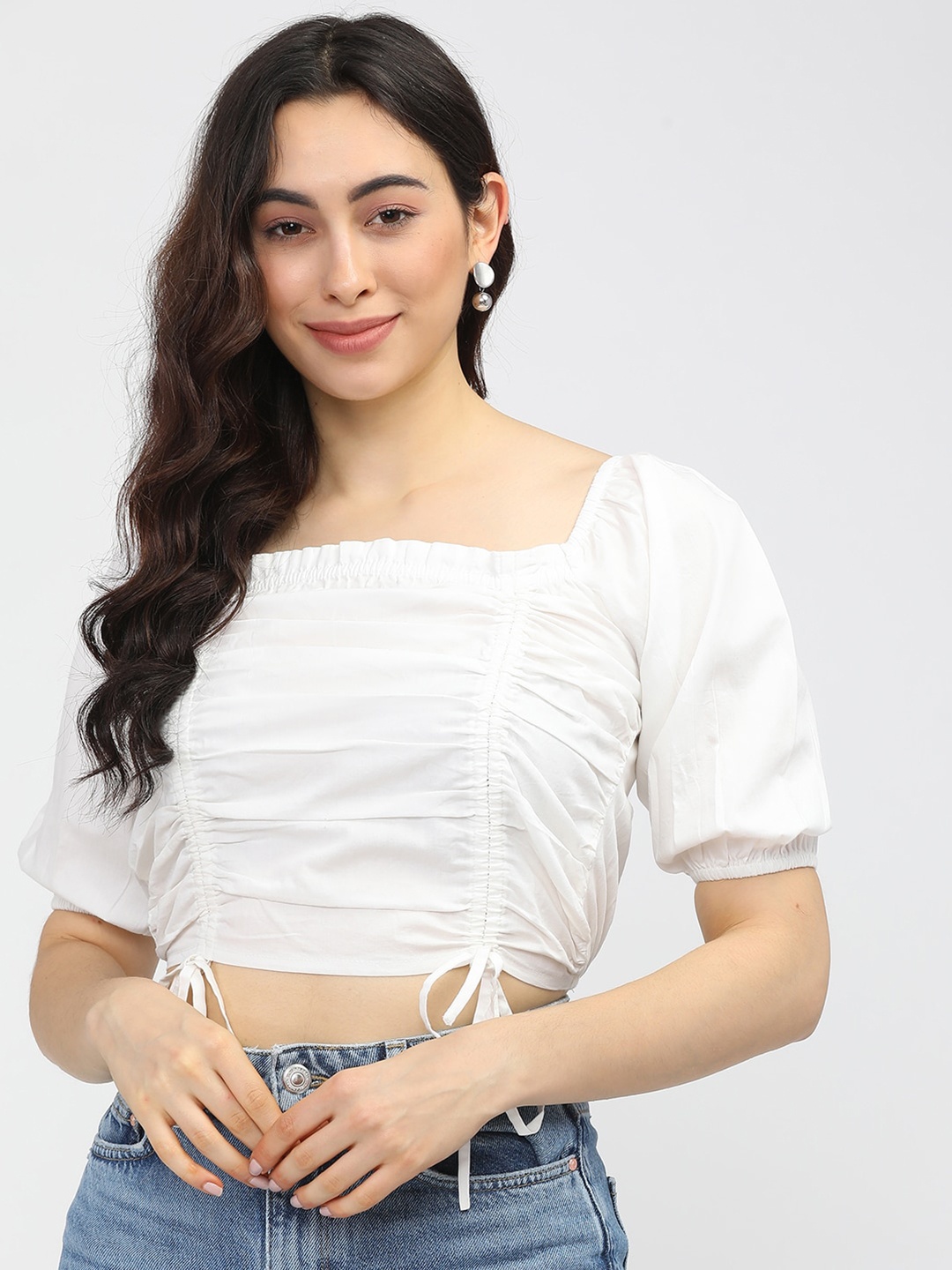

Tokyo Talkies White Smocked Pure Cotton Crop Top