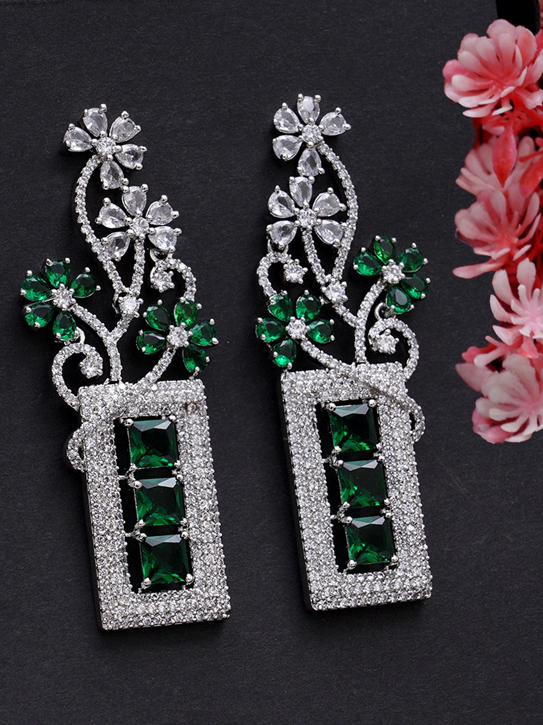 

KARATCART Green & Silver-Toned & Plated CZ Studded Classic Drop Earrings