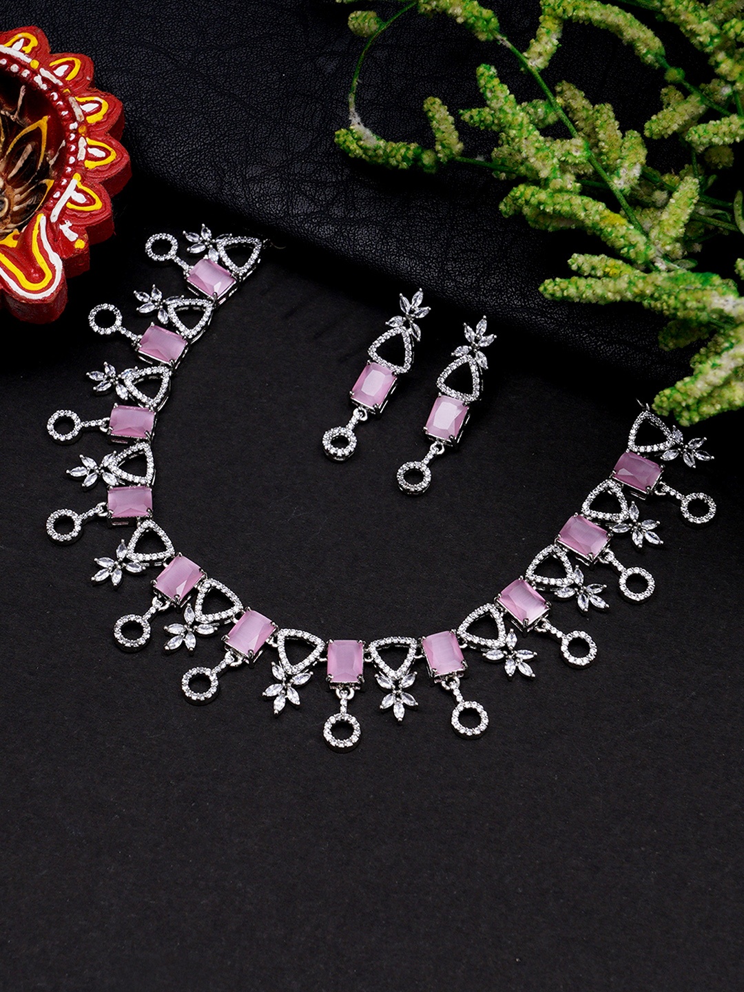 

KARATCART Pink & Silver-Toned CZ & AD-Studded Jewellery Set