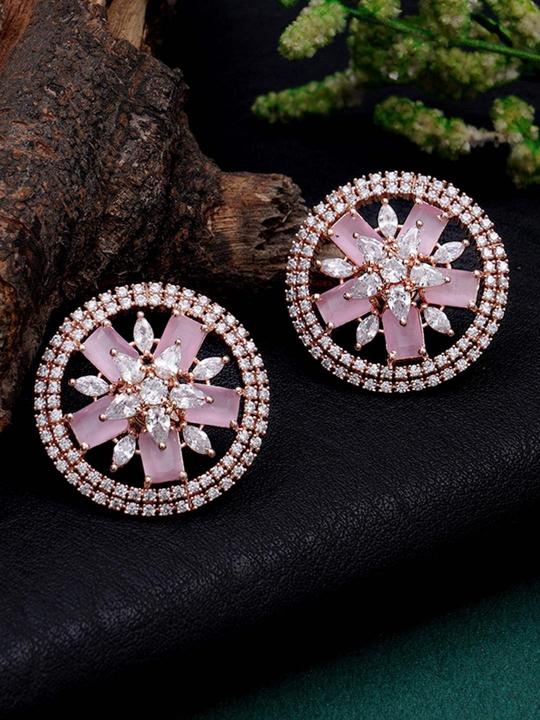 

KARATCART Pink & Silver-Toned & Plated CZ-Studded Floral Studs Earrings