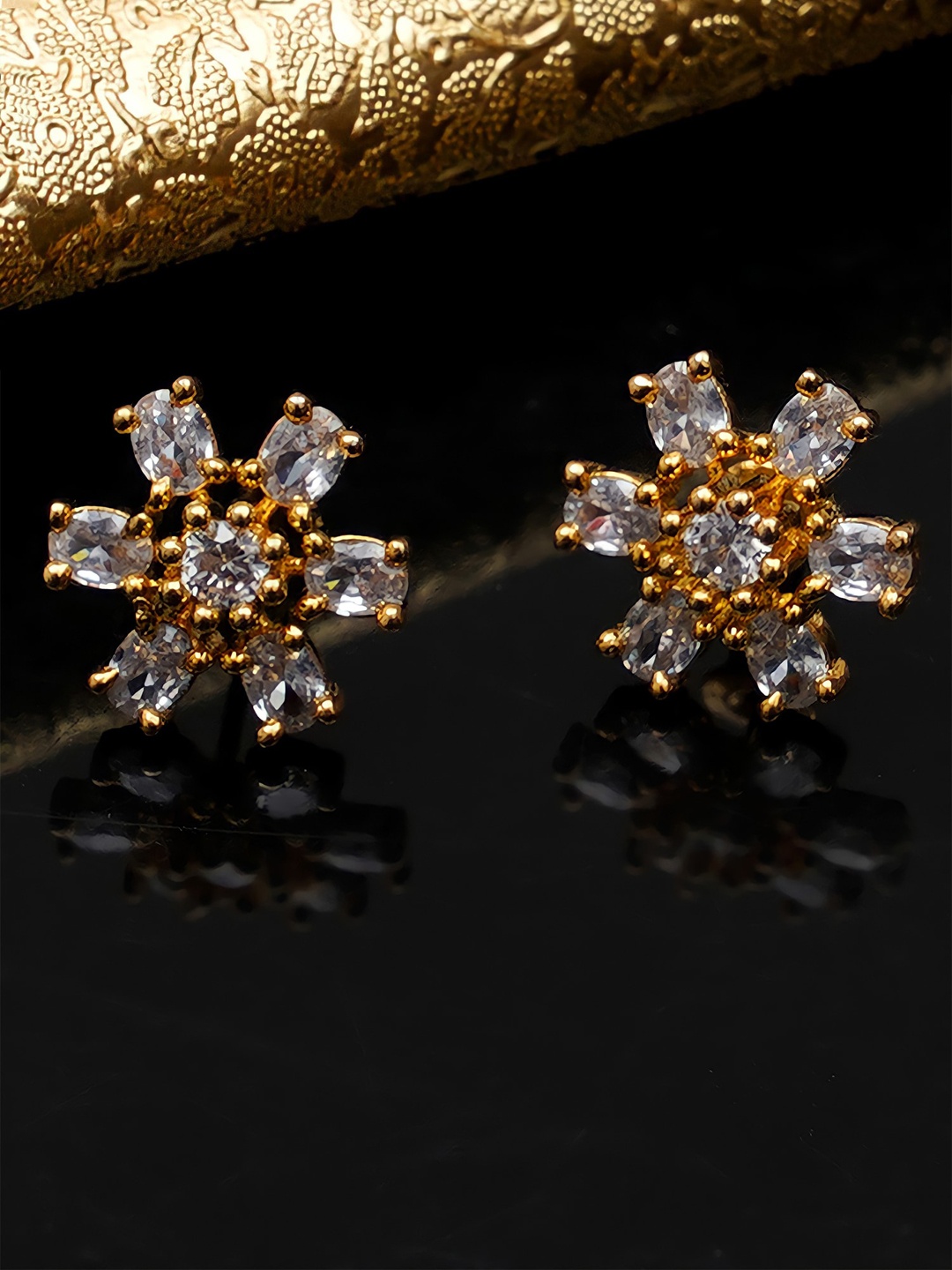

KARATCART Woman Gold-Toned Cubic Zirconia Floral Stud Earrings