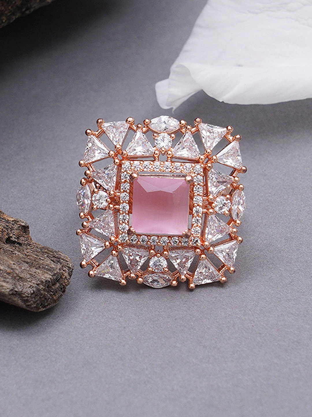 

KARATCART Rose Gold-Plated Pink & White CZ Studded Finger Ring