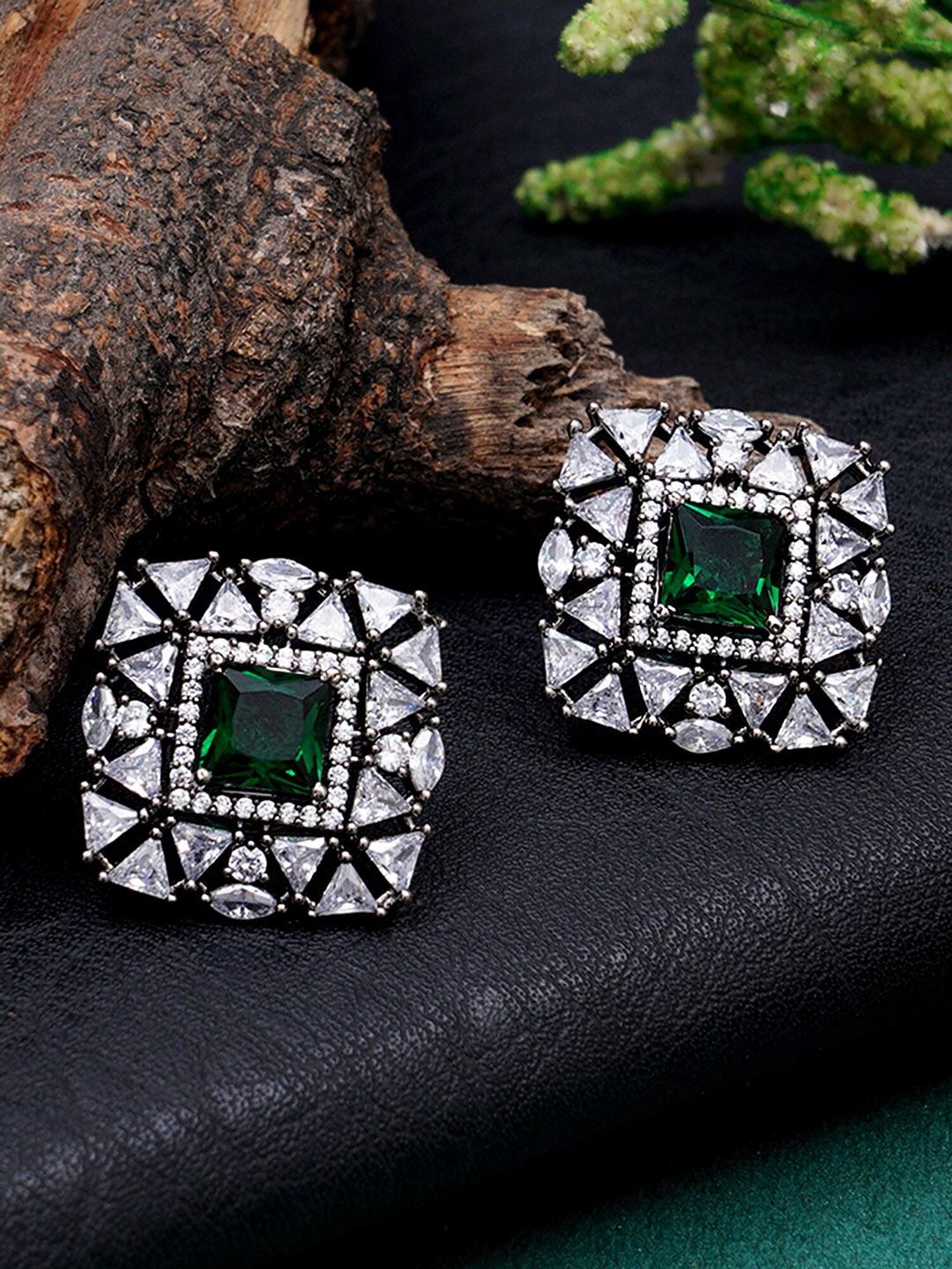 

KARATCART Silver-Toned & Green Cubic Zirconia-Studded Classic Studs Earrings