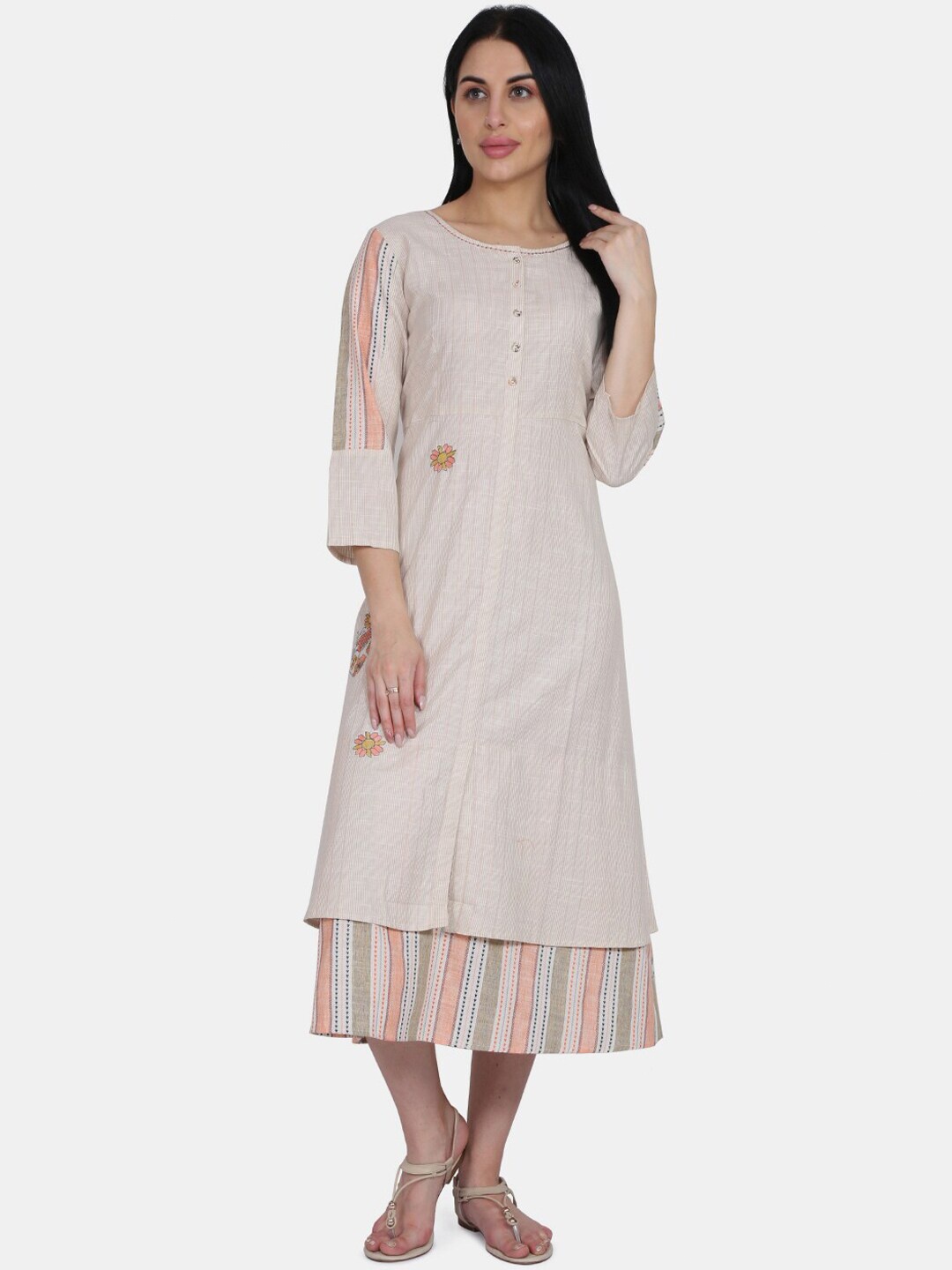 

Be Indi Beige & Pink Striped Ethnic A-Line Midi Dress