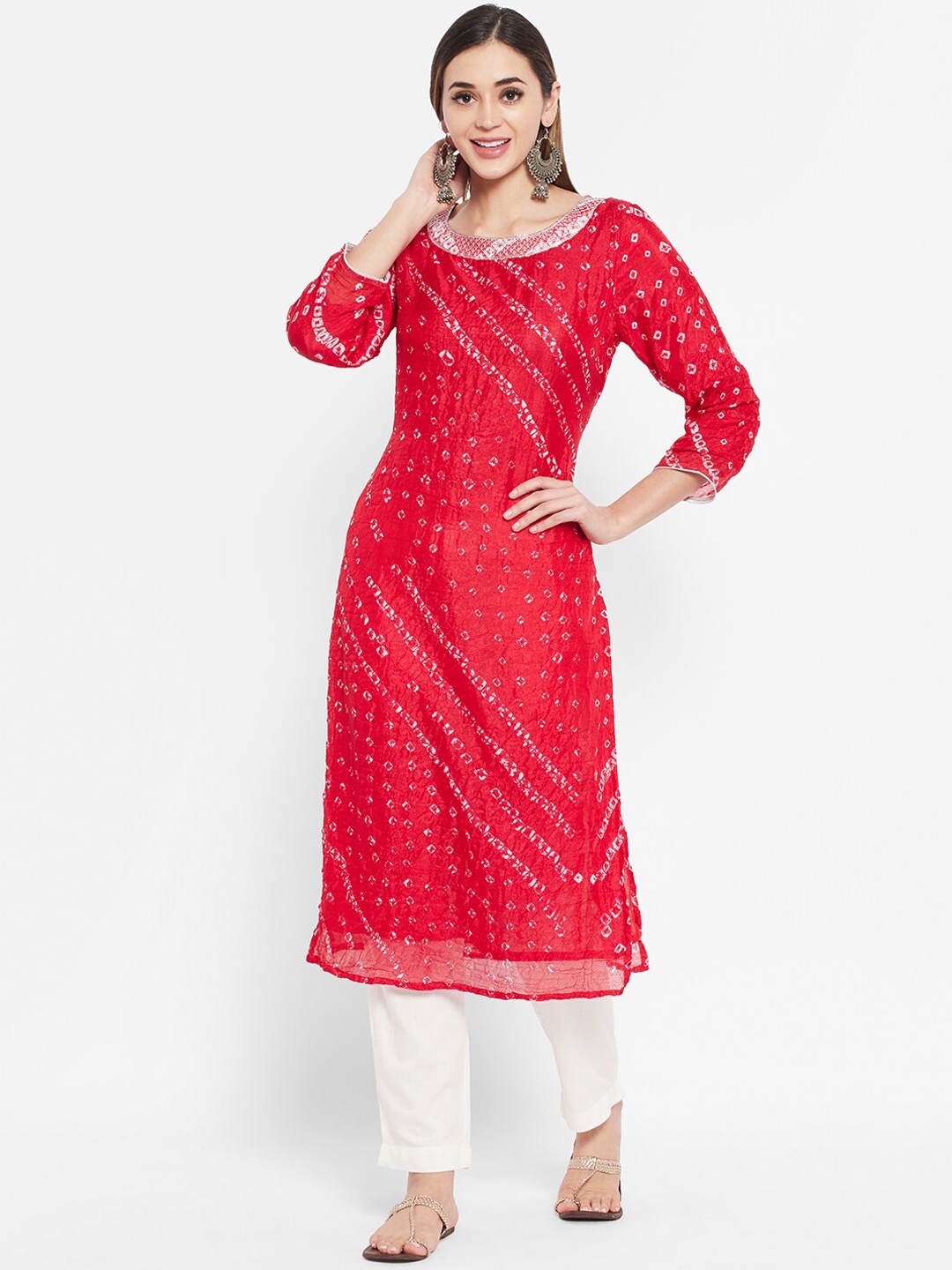 

Ramas Women Red Bandhani Printed Boat Neck Sequinned Indie Prints Straight Kurta