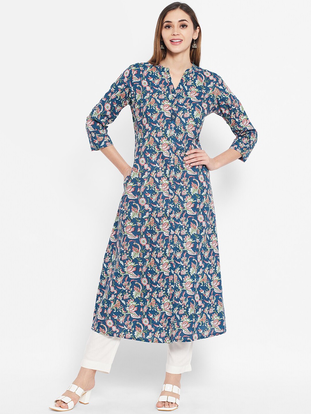 

Ramas Women Blue Floral Printed A-Line Kurta