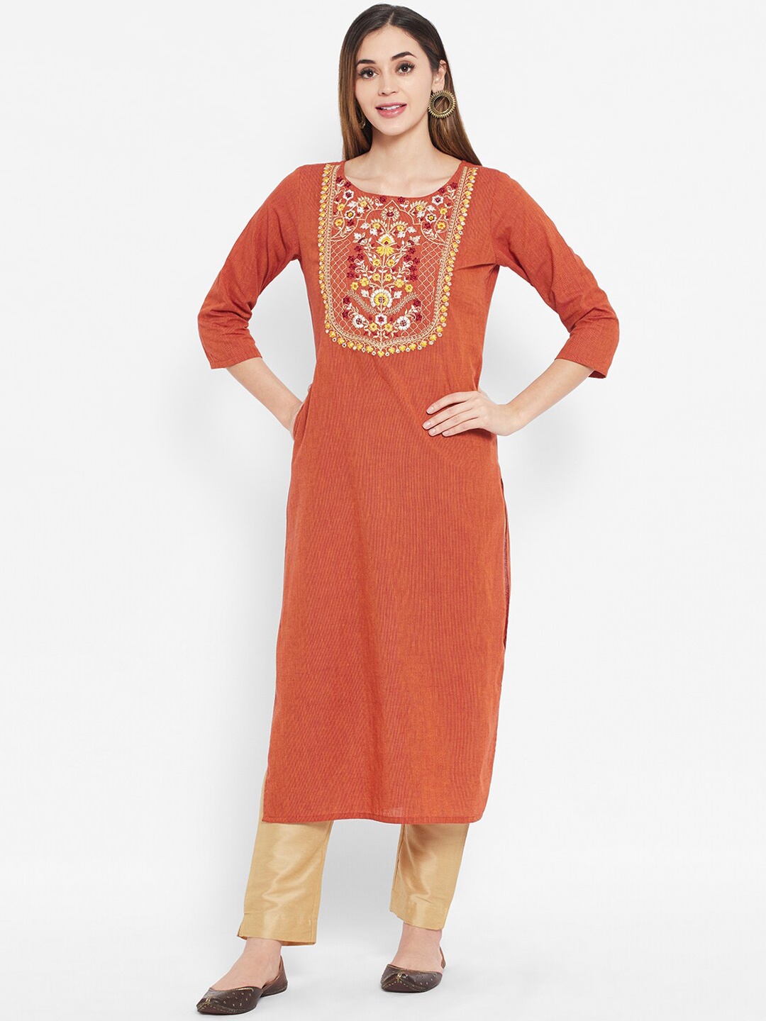 

Ramas Women Rust Orange Ethnic Motifs Yoke Design Round Neck Pure Cotton Straight Kurta