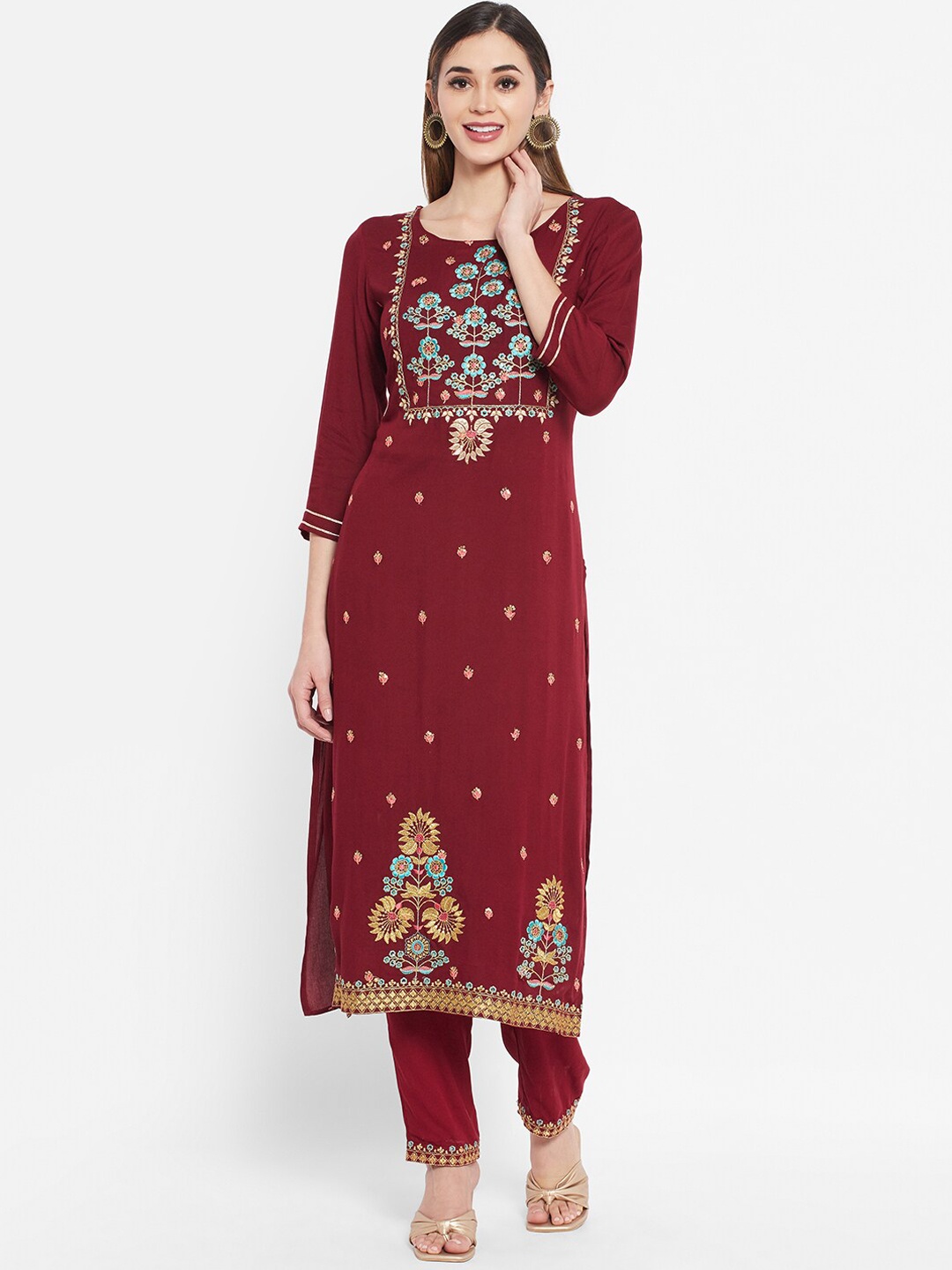 

Sangria Women Maroon Floral Embroidered Kurta with Trousers
