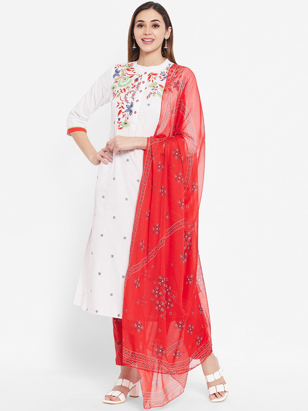 

Ramas Women Red Floral Embroidered Pure Cotton Kurti with Palazzos & With Dupatta