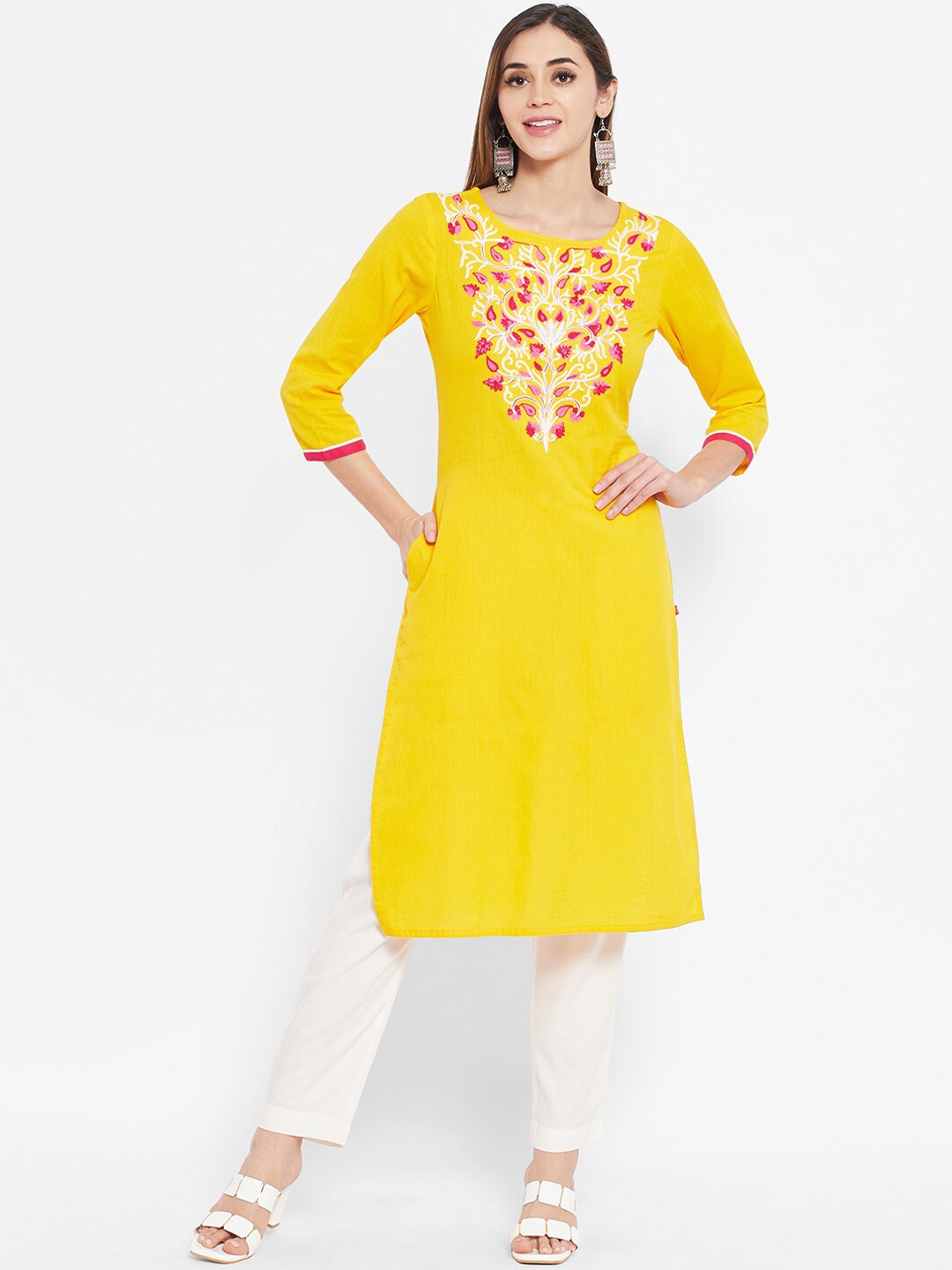

Ramas Women Yellow Ethnic Motifs Yoke Design Embroidered Viscose Rayon Straight Kurta