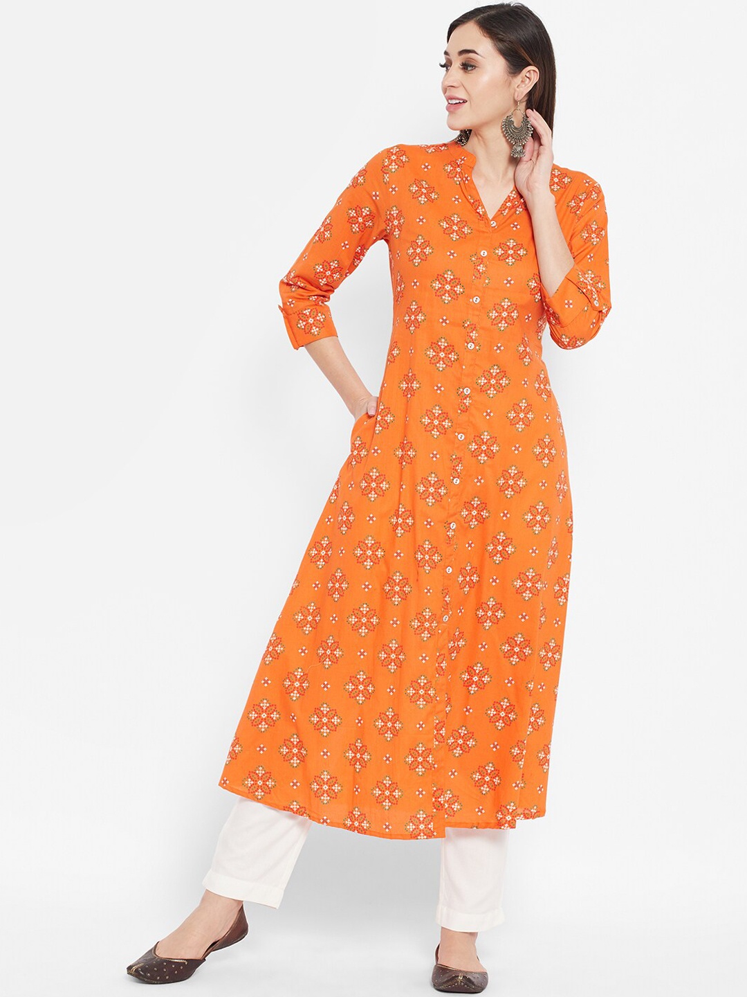 

Ramas Women Orange Bandhani Printed Band Collar Roll-Up Sleeves Viscose Rayon A-Line Kurta