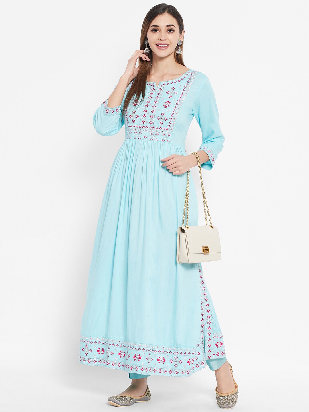 

Ramas Women Blue Floral Embroidered Pleated Pure Cotton Anarkali Kurta With Trousers