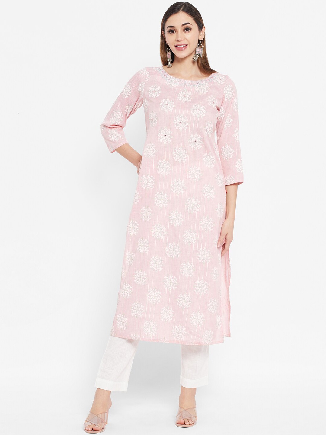 

Ramas Women Pink Ethnic Motifs Printed Thread Work Pure Cotton Kurta with Trousers