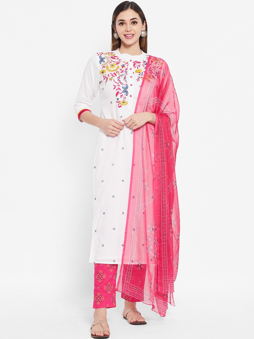 

Ramas Women White Floral Embroidered Pure Cotton Kurta & Trousers With Dupatta
