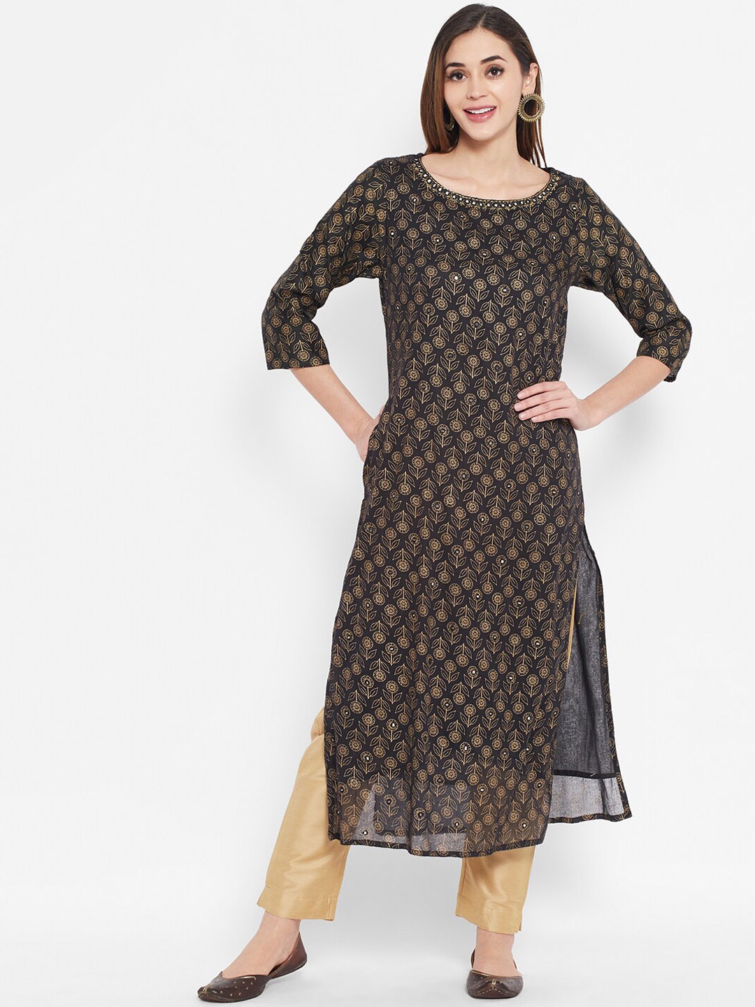 

Ramas Women Black & Gold-Toned Ethnic Motifs Printed Mirror Work Indie Prints Kurta