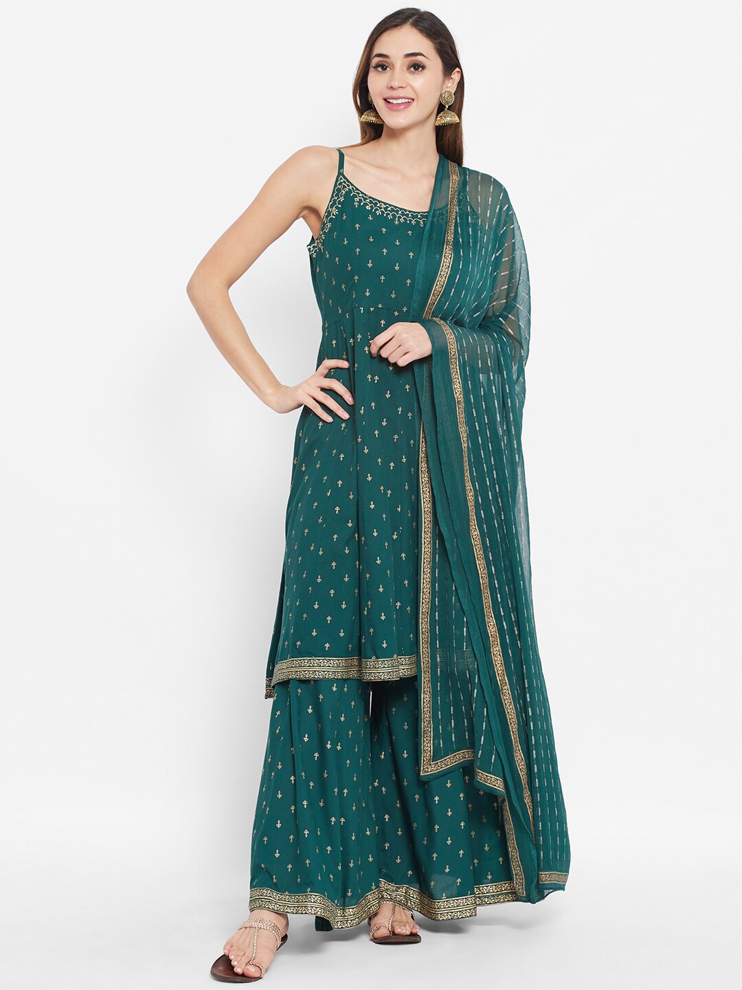 

Ramas Women Green Embroidered Empire Kurta with Sharara & With Dupatta