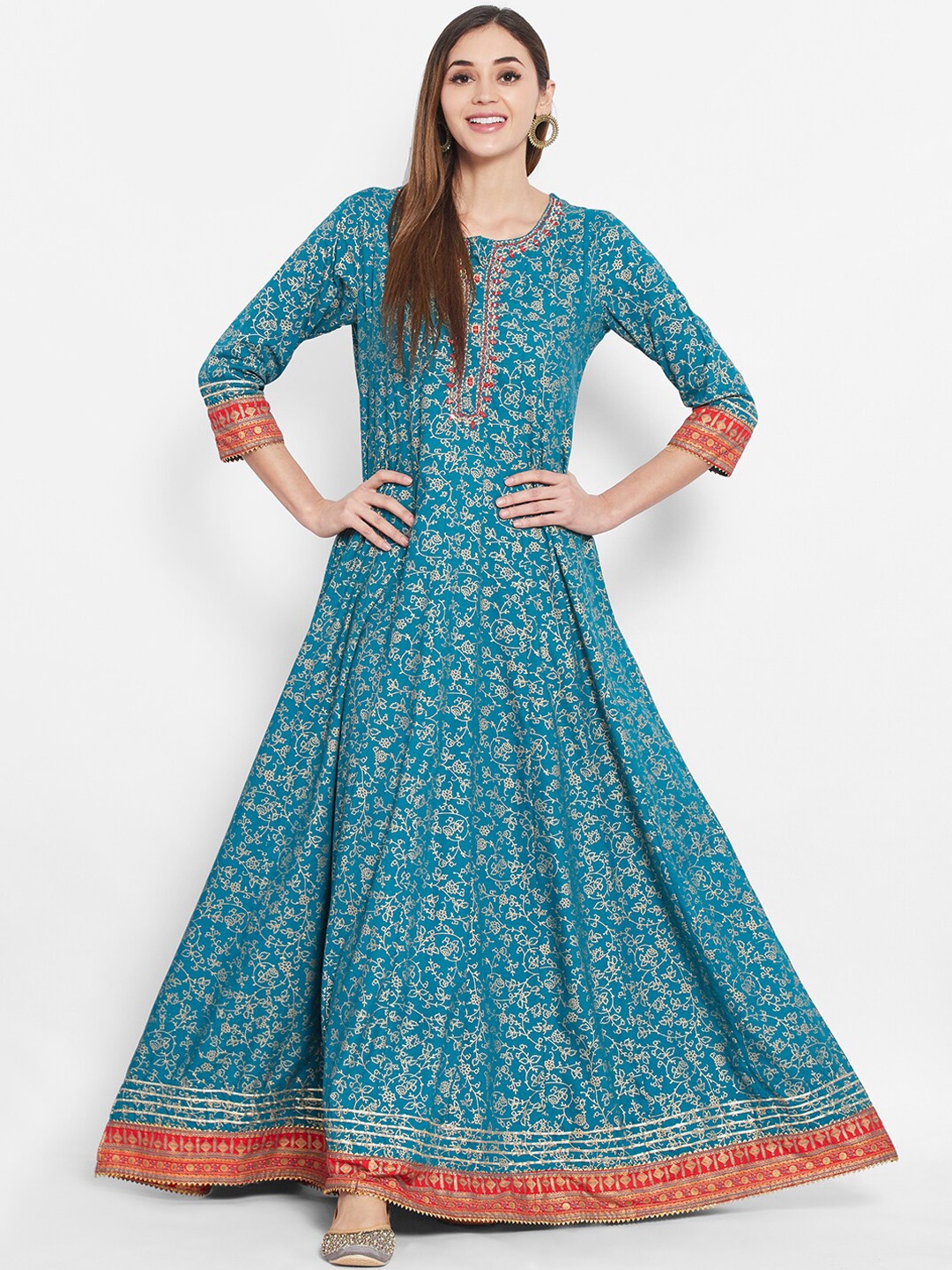 

Ramas Women Blue & Gold-Toned Ethnic Motifs Printed Round Neck Gotta Patti Anarkali Kurta