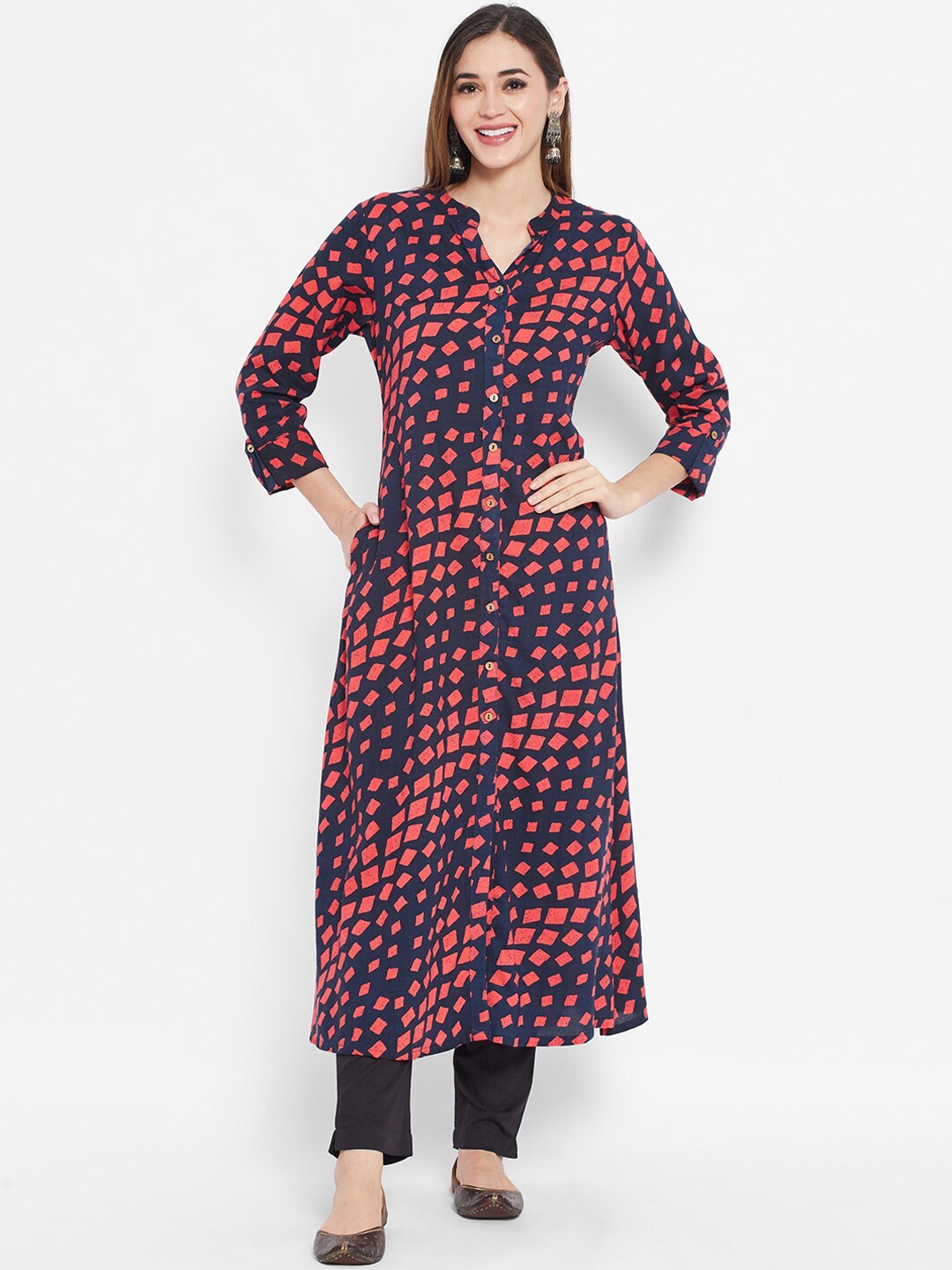 

Ramas Women Navy Blue & Coral Quirky Printed Band Collar Cotton Panelled A-Line Kurta