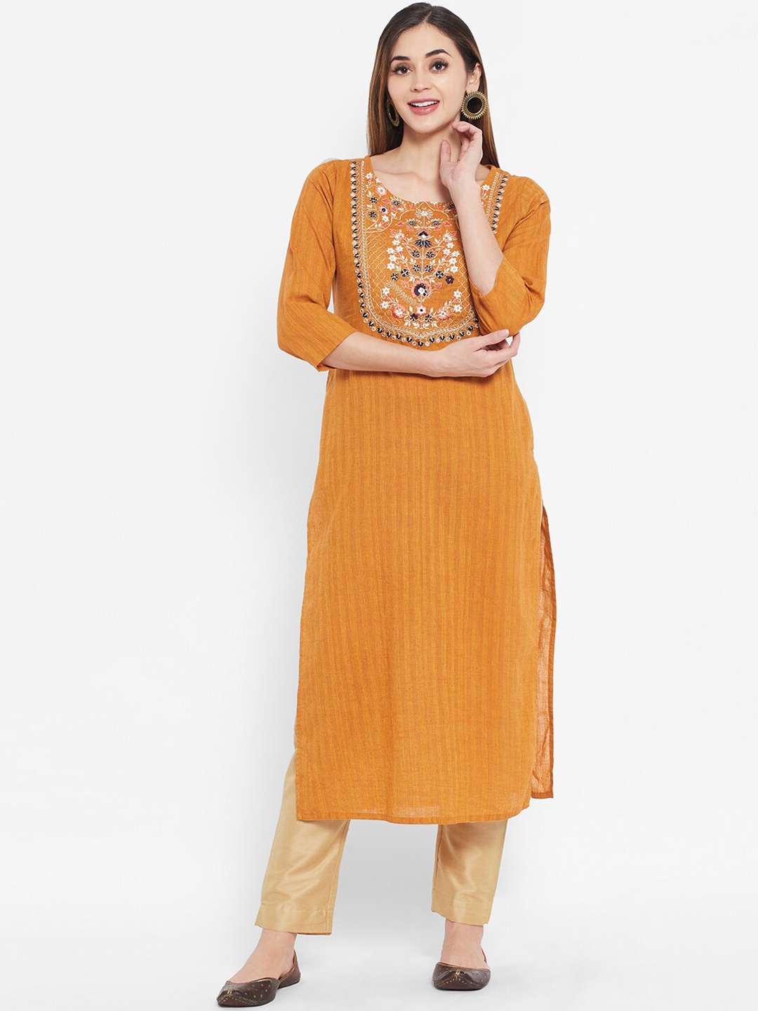 

Ramas Women Mustard Yellow Ethnic Motifs Yoke Design Thread Work Cotton Straight Kurta