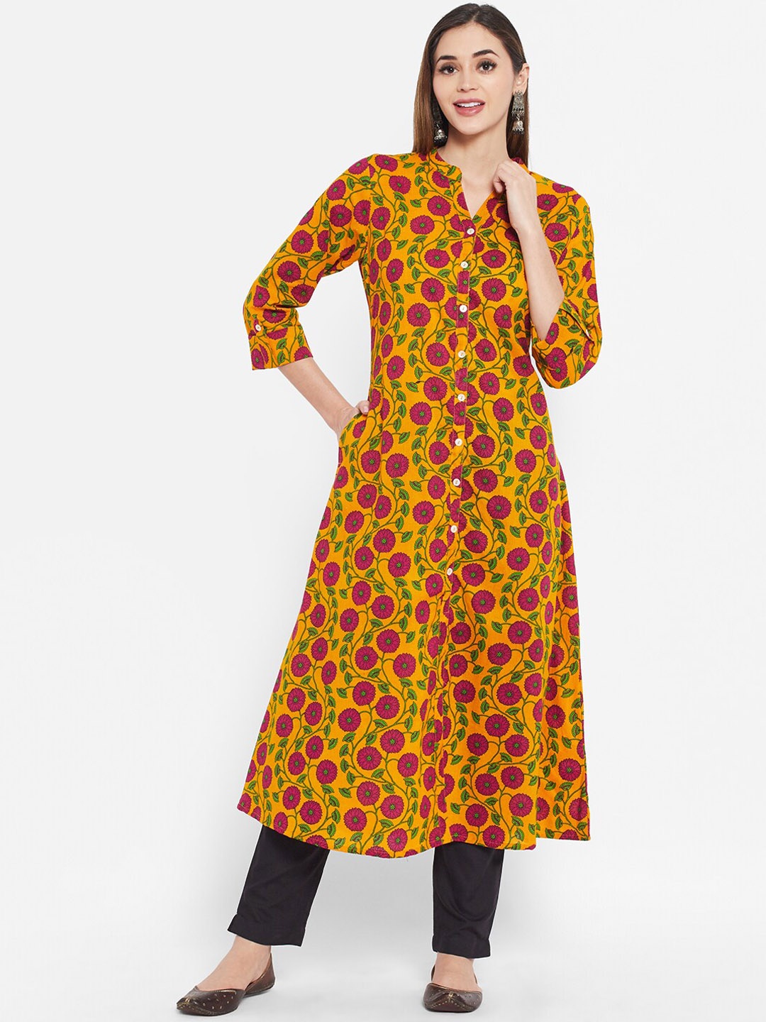 

Sangria Women Mustard Yellow & Dark Pink Floral Printed Mandarin Collar Cotton A-Line Kurta