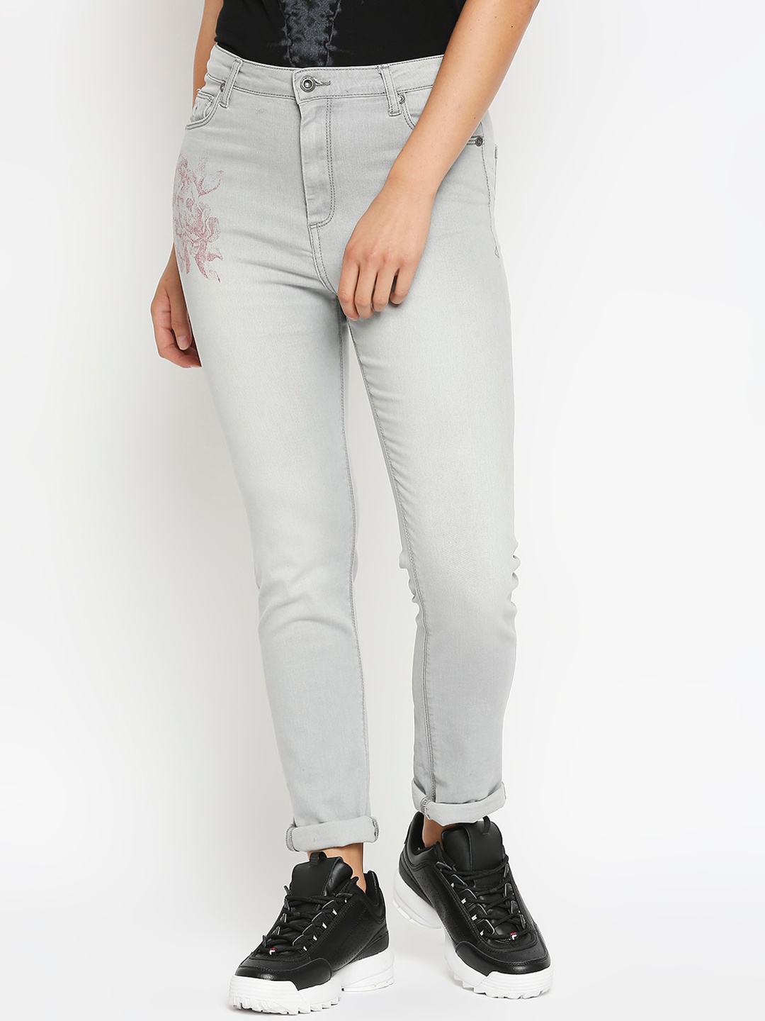 

Being Human Woman Grey Slim Fit High-Rise Low Distress Heavy Fade Jeans