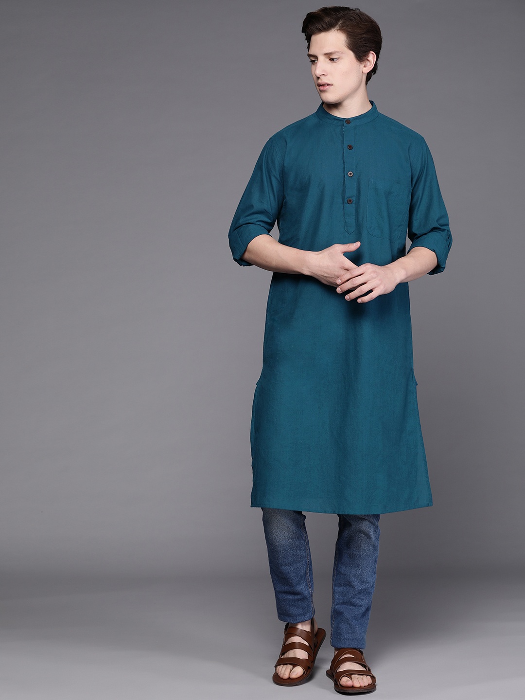 

Fabindia Men Teal Solid Pure Cotton Kurta