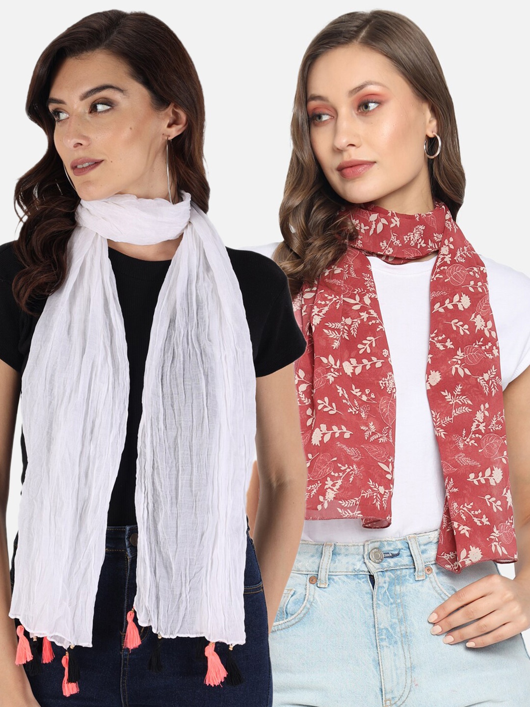 

Trend Arrest Women Pack of 2 Rust & White Printed Scarves