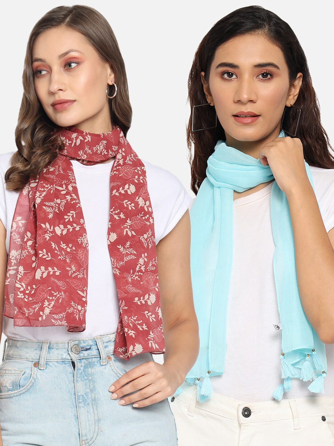

Trend Arrest Women Turquoise Blue & Red Set of 2 Scarves