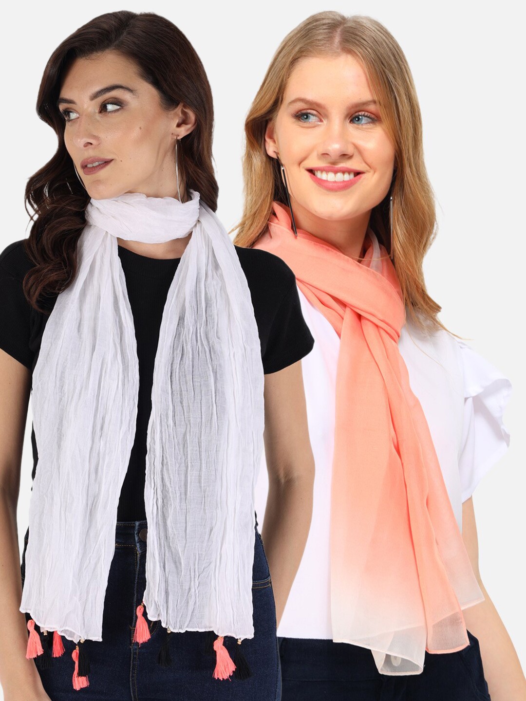 

Trend Arrest Women White & Peach Pack of 2 Printed Scarves