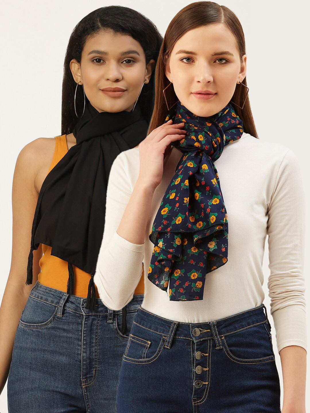 

Trend Arrest Women Black & Navy Blue Set Of 2 Printed Scarves