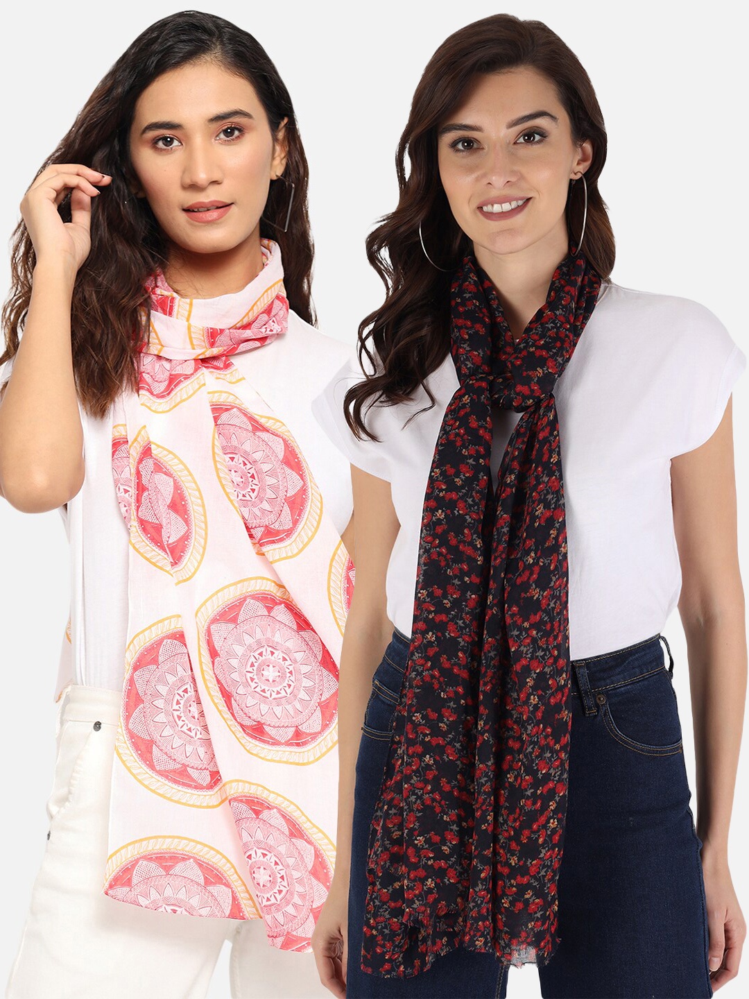 

Trend Arrest Women Pink & Black Set of 2 Printed Scarf