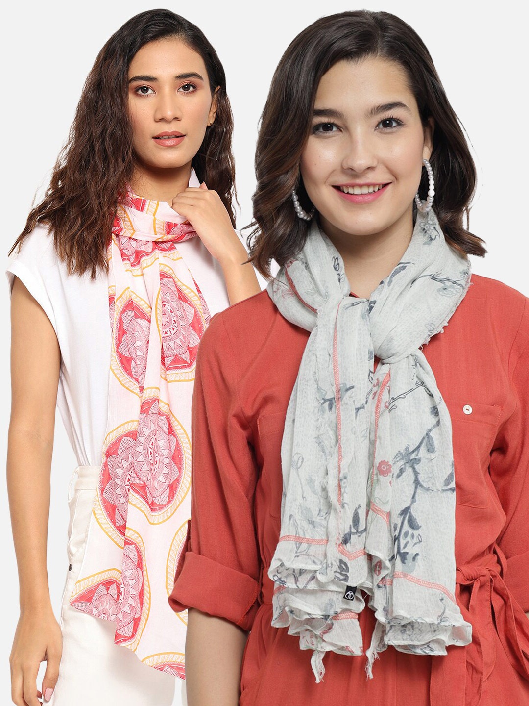 

Trend Arrest Women Cream-Coloured & Grey Set of 2 Printed Cotton Scarf