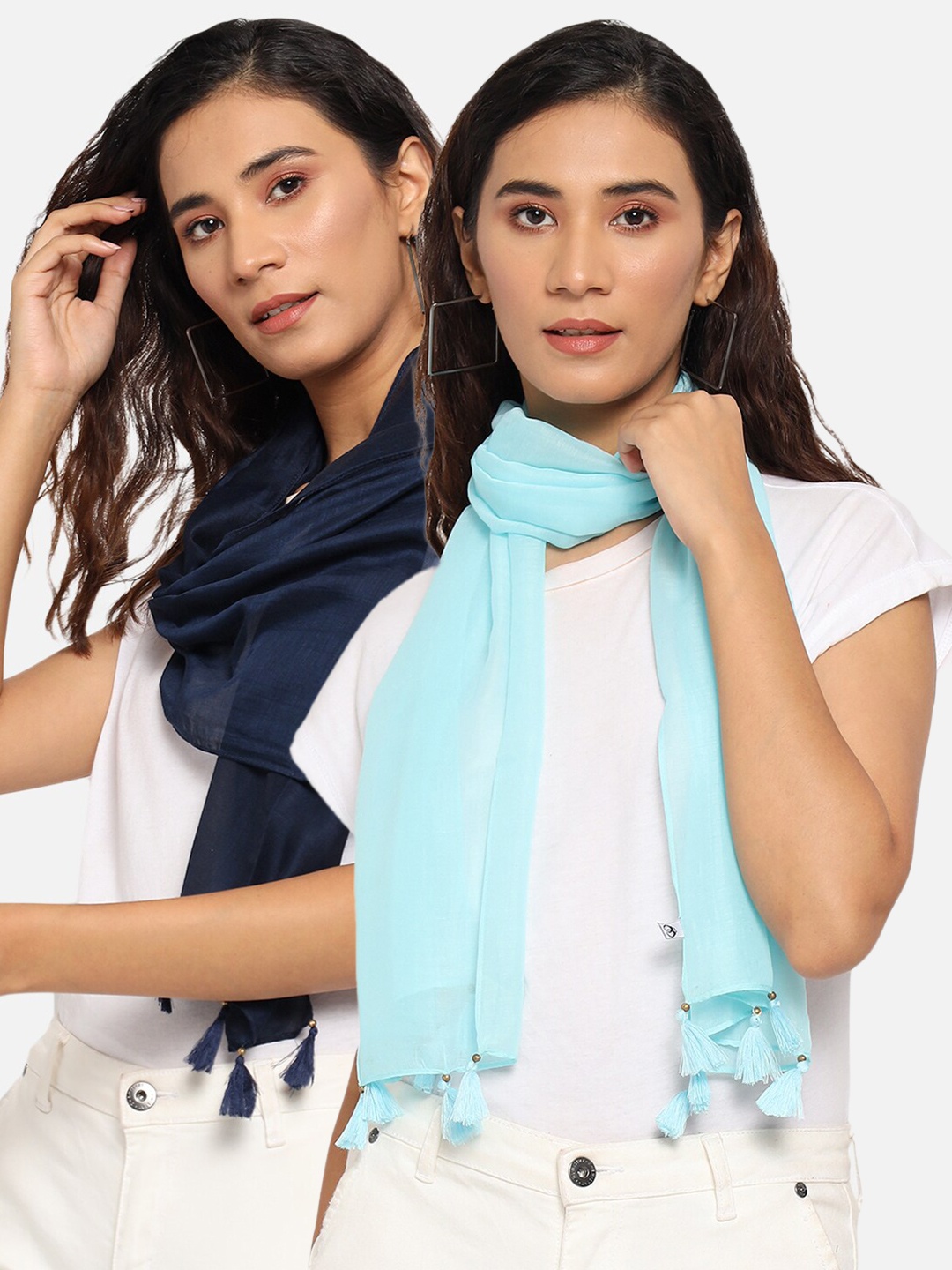 

Trend Arrest Women Pack Of 2 Turquoise Blue & Navy Blue Scarf