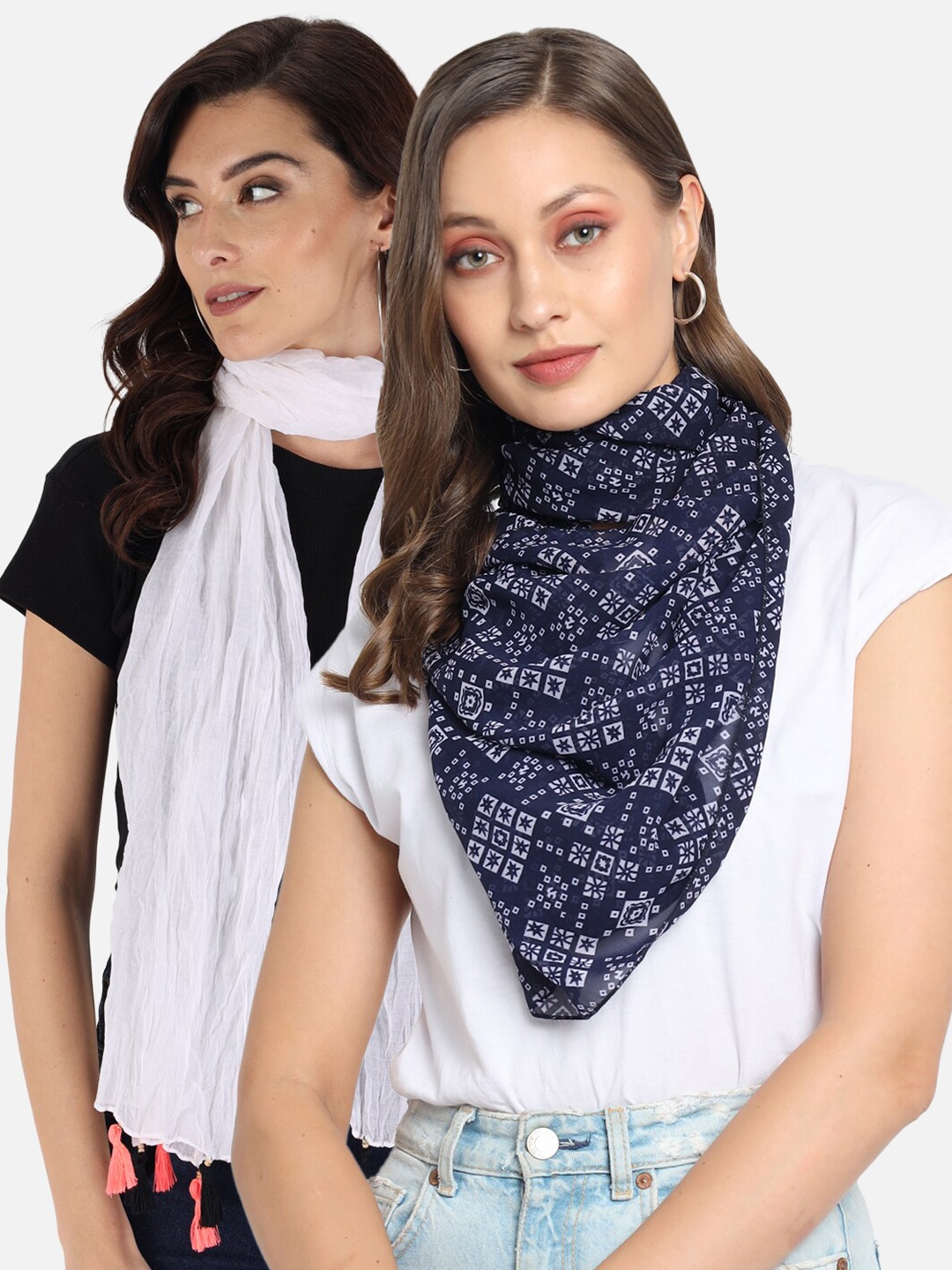 

Trend Arrest Women White & Navy Blue Set of 2 Printed Scarf