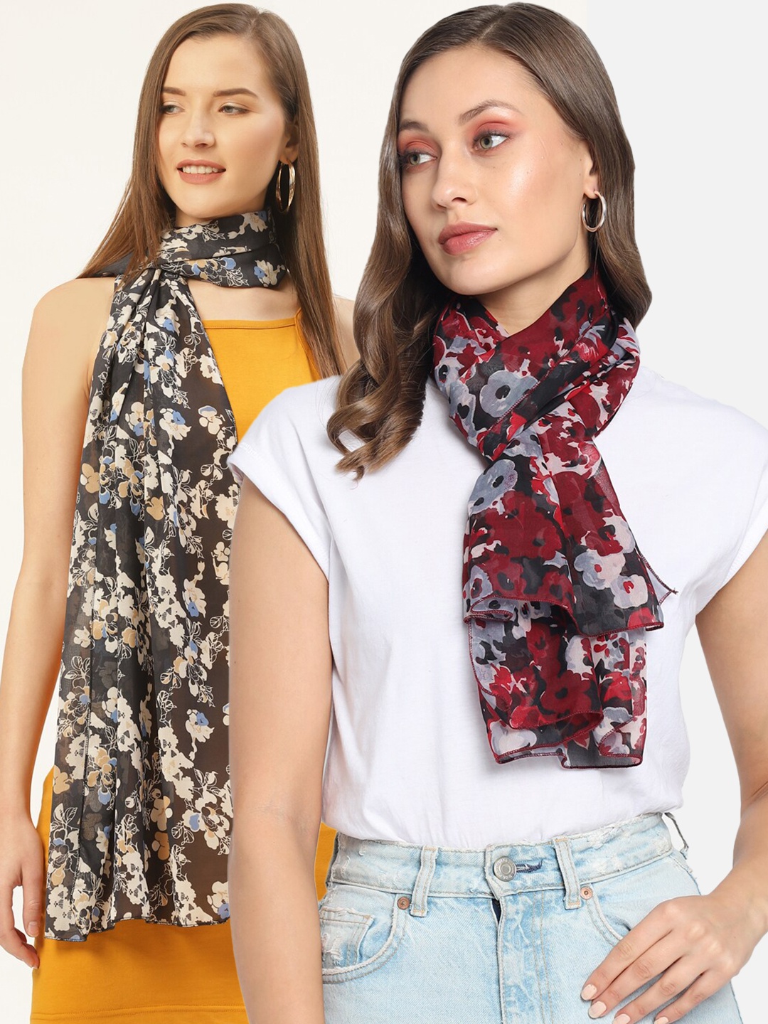 

Trend Arrest Women Pack of 2 Black & Maroon Printed Scarves