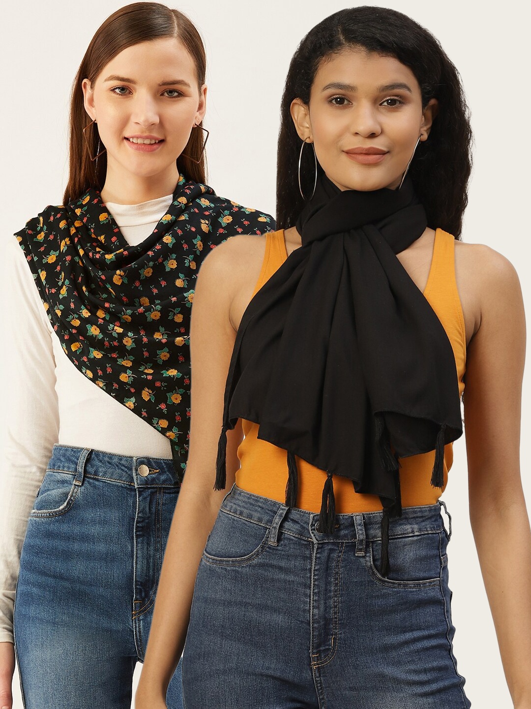 

Trend Arrest Set Of 2 Women Black & Orange Printed Scarf