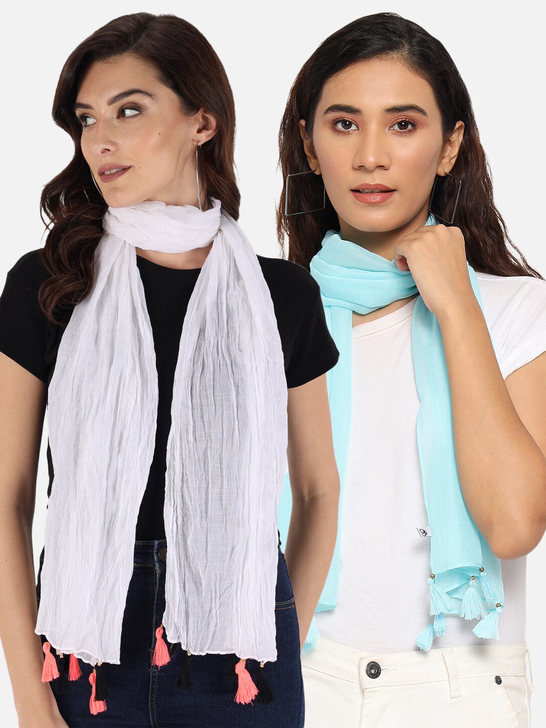 

Trend Arrest Women Pack Of 2 White & Turquoise Blue Scarf