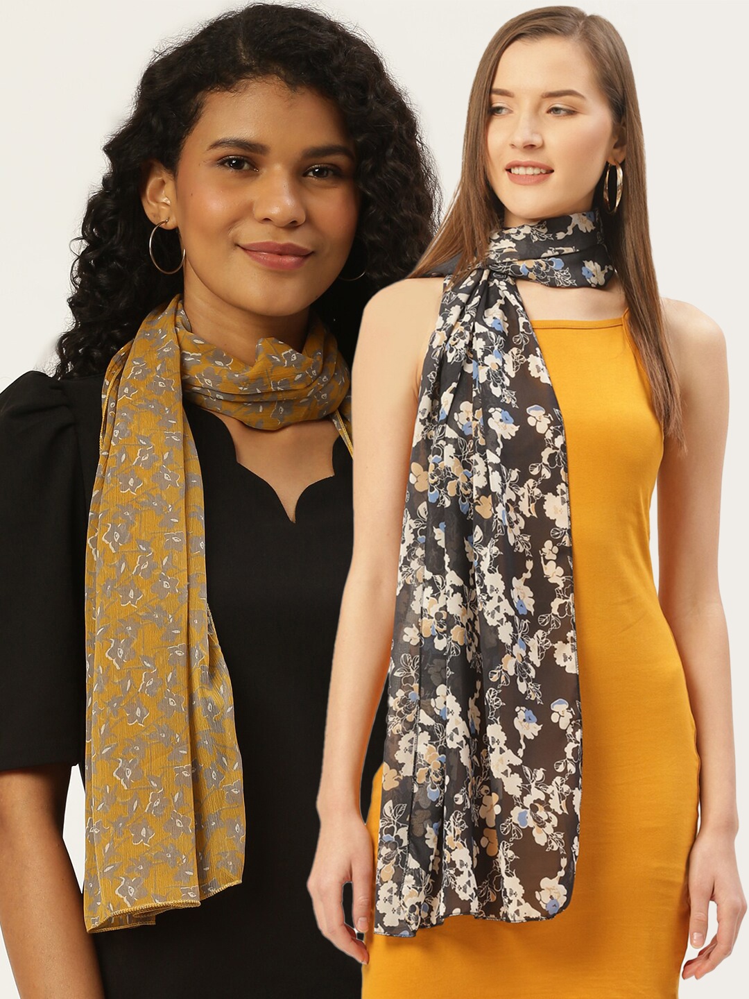 

Trend Arrest Women Yellow & Charcoal Pack of 2 Printed Scarves
