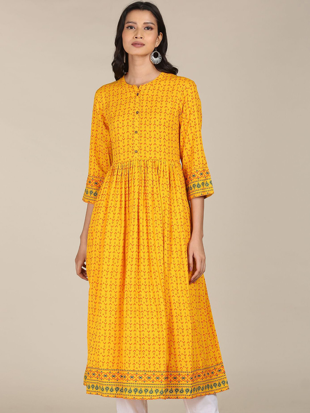 

Karigari Women Mustard Yellow Ethnic Motifs Printed Anarkali Kurta