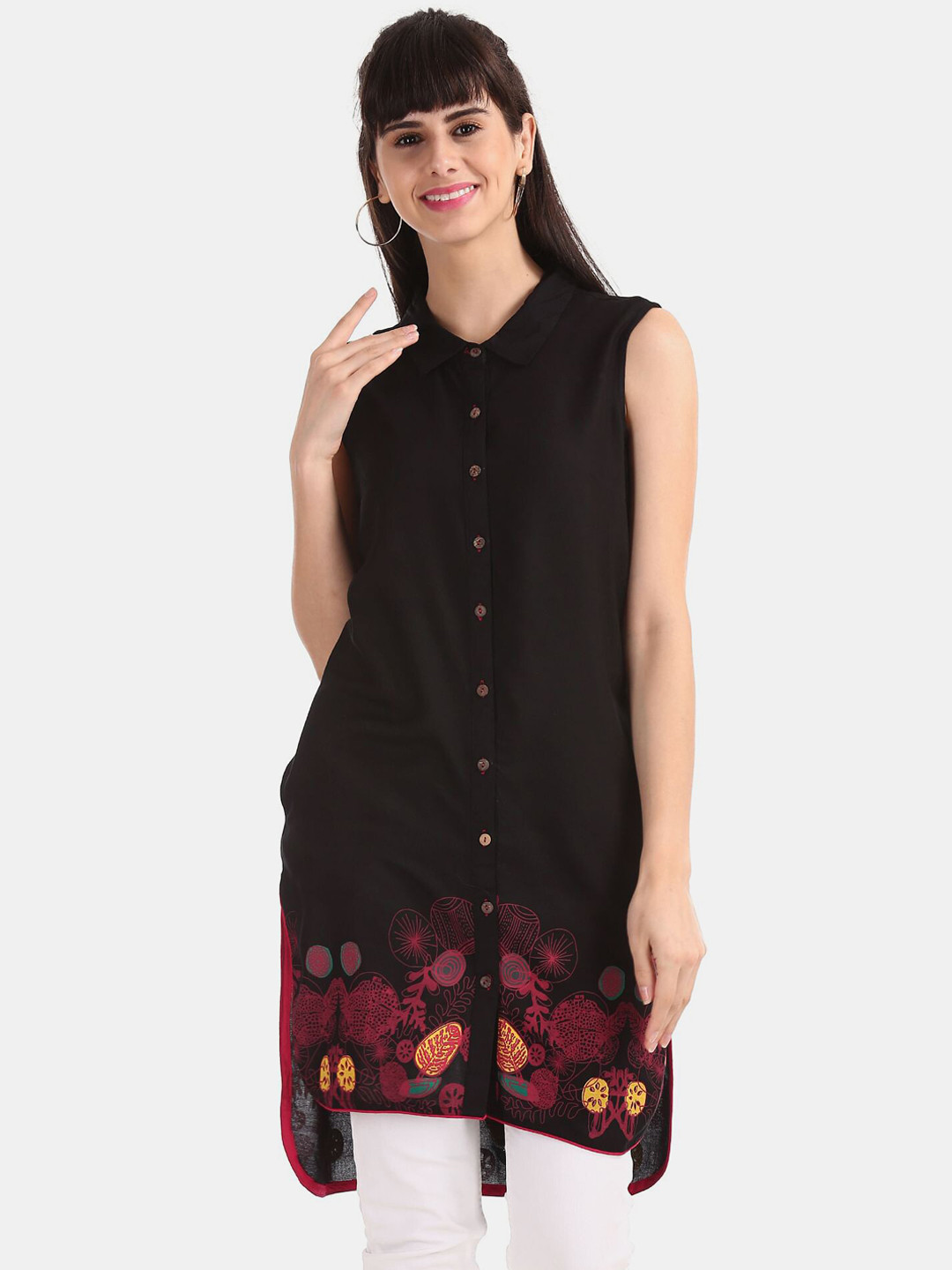 

Karigari Black Viscose Rayon Shirt Collar Printed Tunic