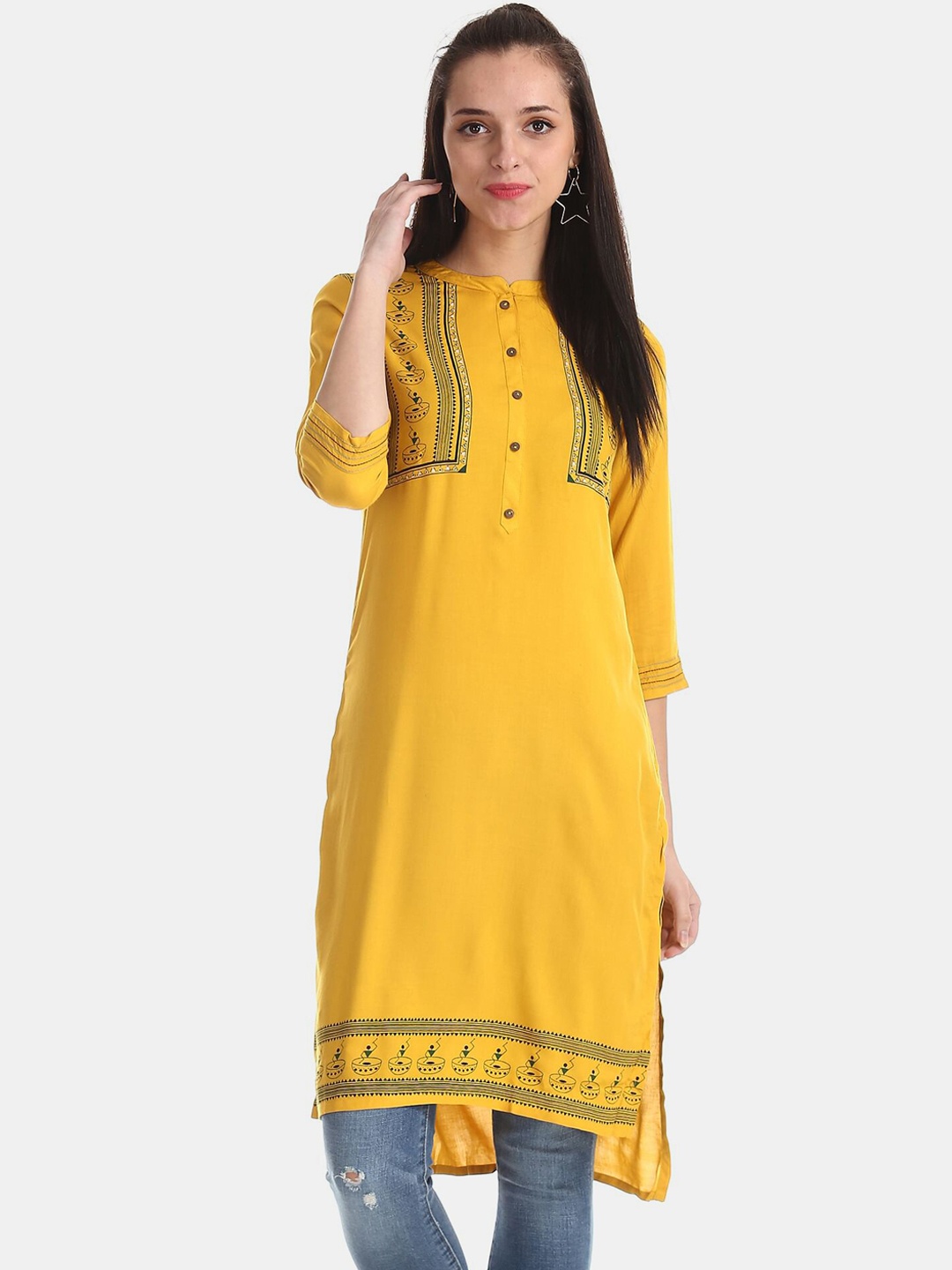 

Karigari Women Yellow Ethnic Motifs Printed Pathani Kurta