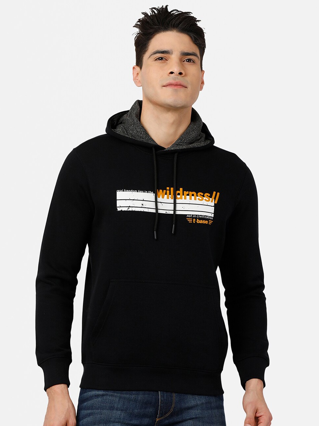 

t-base Men Black Printed Hooded Sweatshirt
