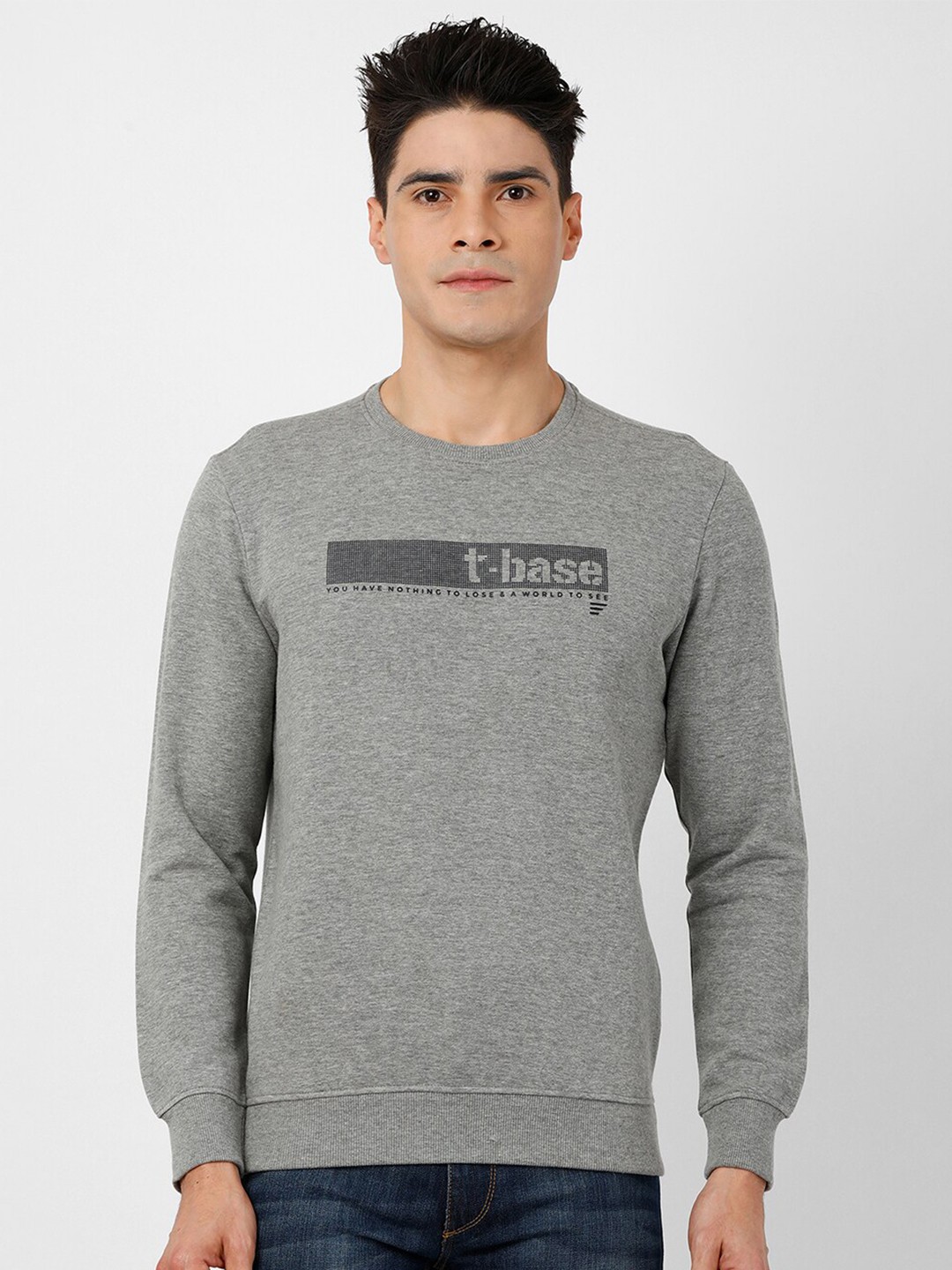 

t-base Men Grey Melange Solid Sweatshirt