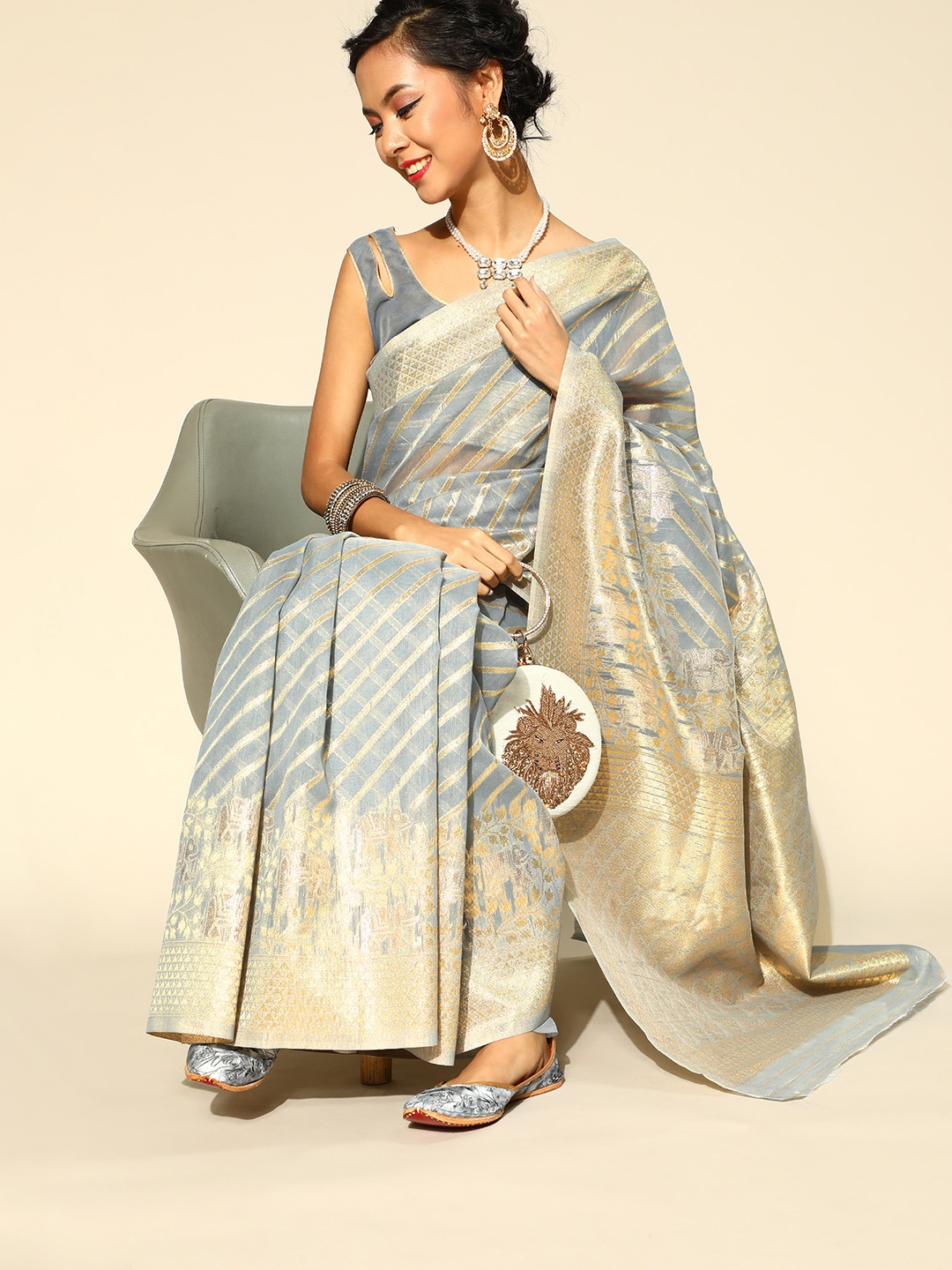 

Kalista Striped Saree with Zari Border, Grey